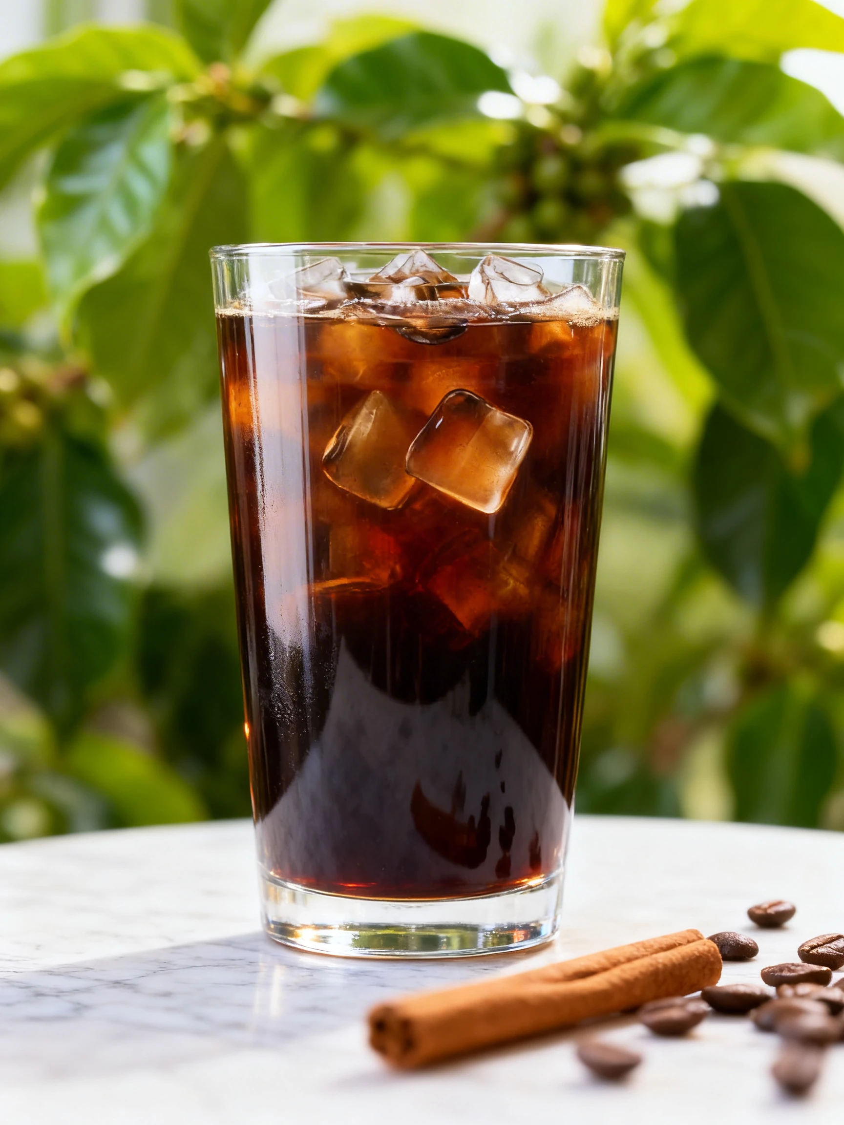 Iced black coffee served with large ice cubes in a clear plastic cup with a flat lid.