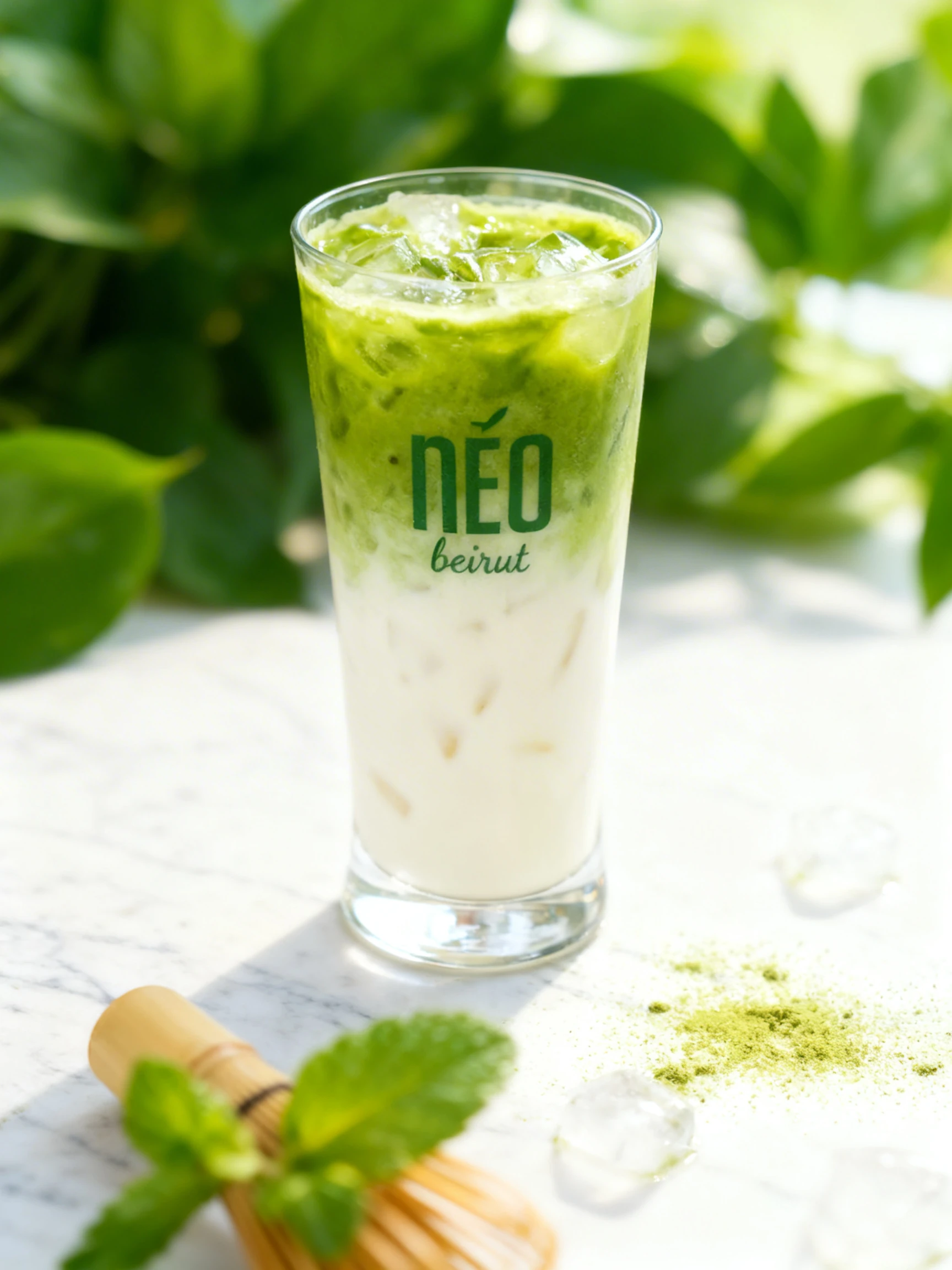 Layered iced matcha latte with milk on the bottom and a vibrant green tea concentrate on top, served with ice in a plastic branded cup.