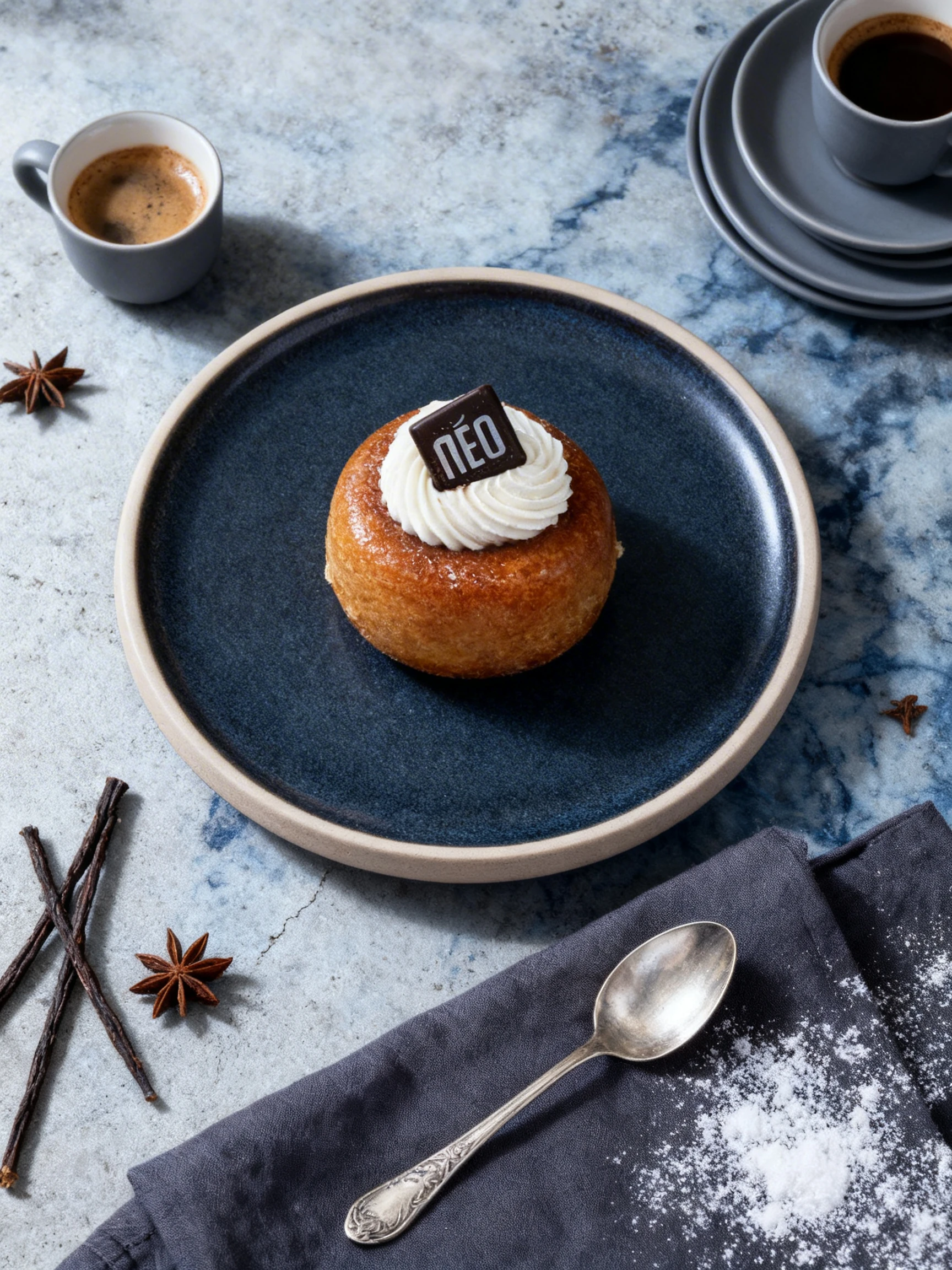 A glazed rum baba pastry topped with a swirl of whipped cream and a small dark chocolate square featuring the Neo logo.