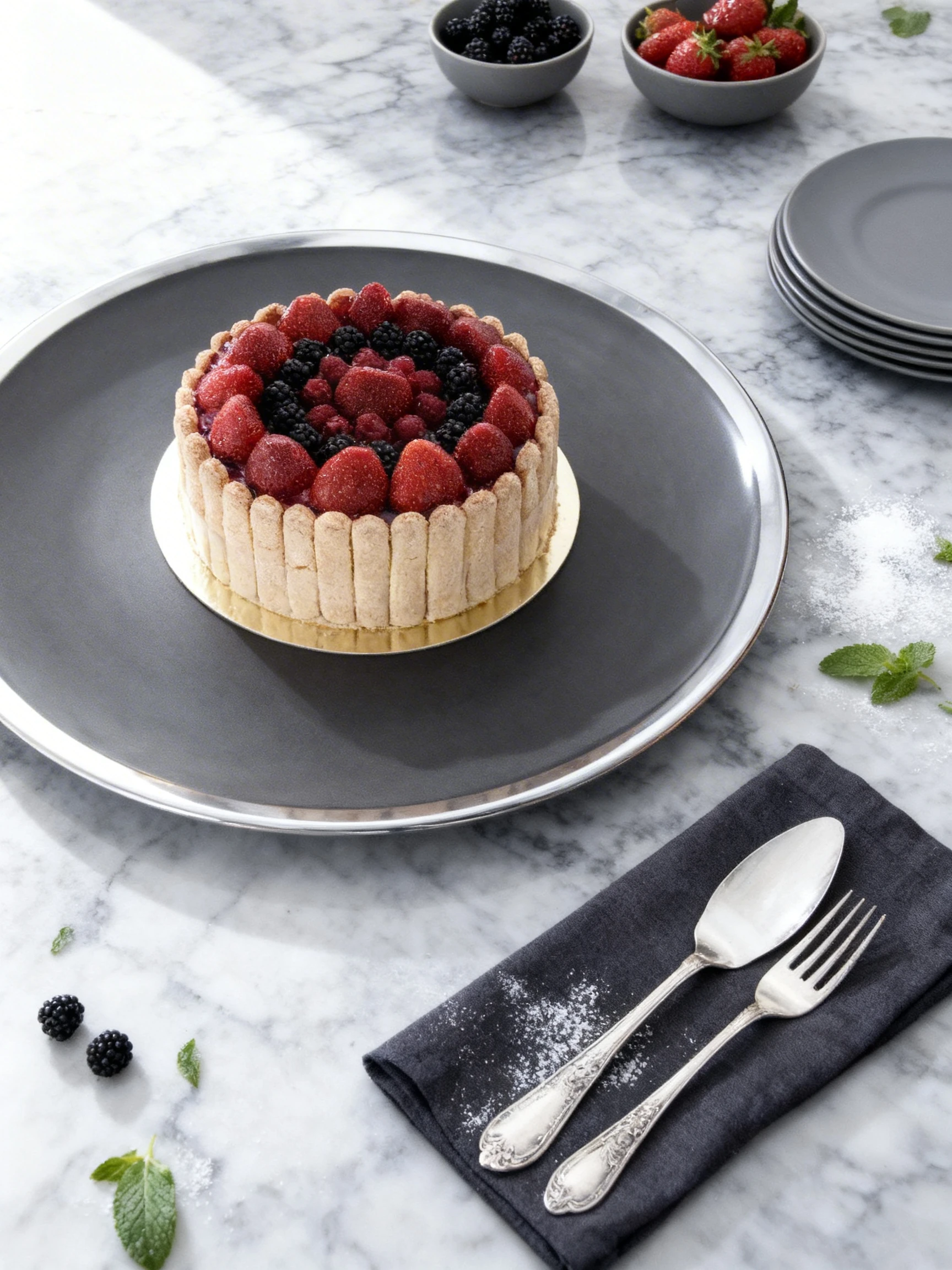 A strawberry and blackberry charlotte cake surrounded by ladyfinger biscuits on a gold base.