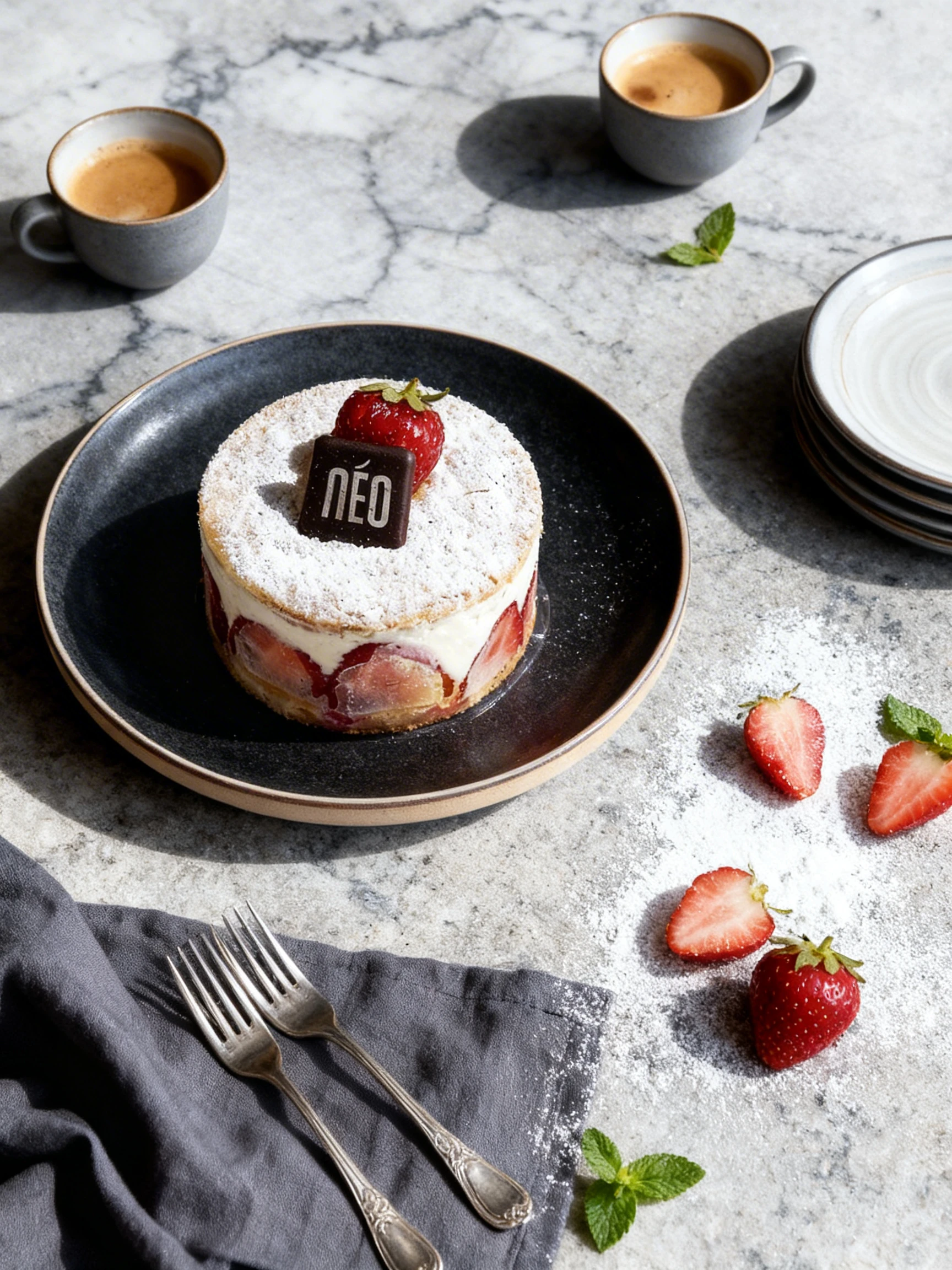 A circular fraisier cake featuring fresh strawberry halves embedded in cream between two layers of sponge, topped with powdered sugar, a whole strawberry, and a