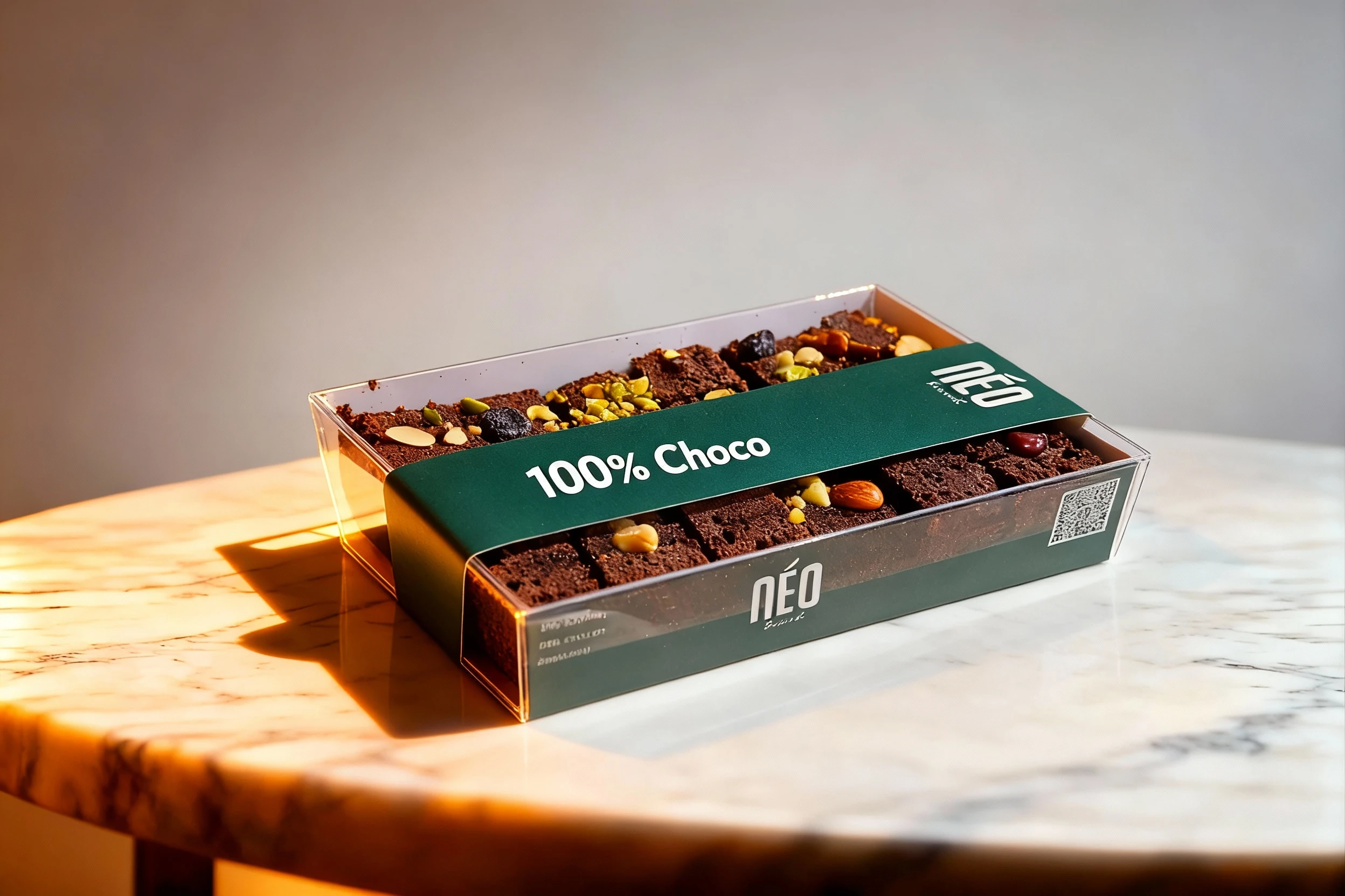 A pre-packaged, rectangular chocolate brownie labeled "100% Choco" from NÉO Beirut, visible through clear plastic wrapping.
