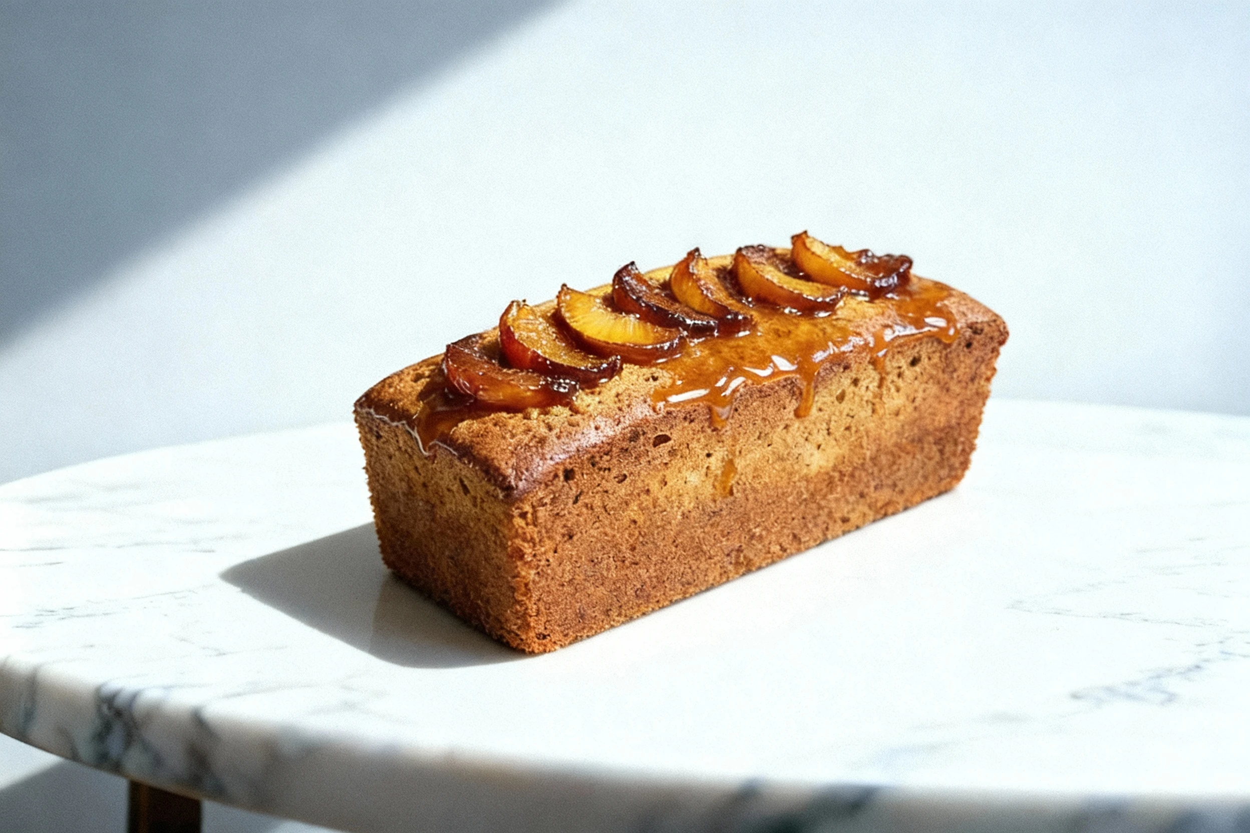 A loaf of rich, textured banana bread topped with glazed, caramelized banana slices, presented on the base of its packaging.