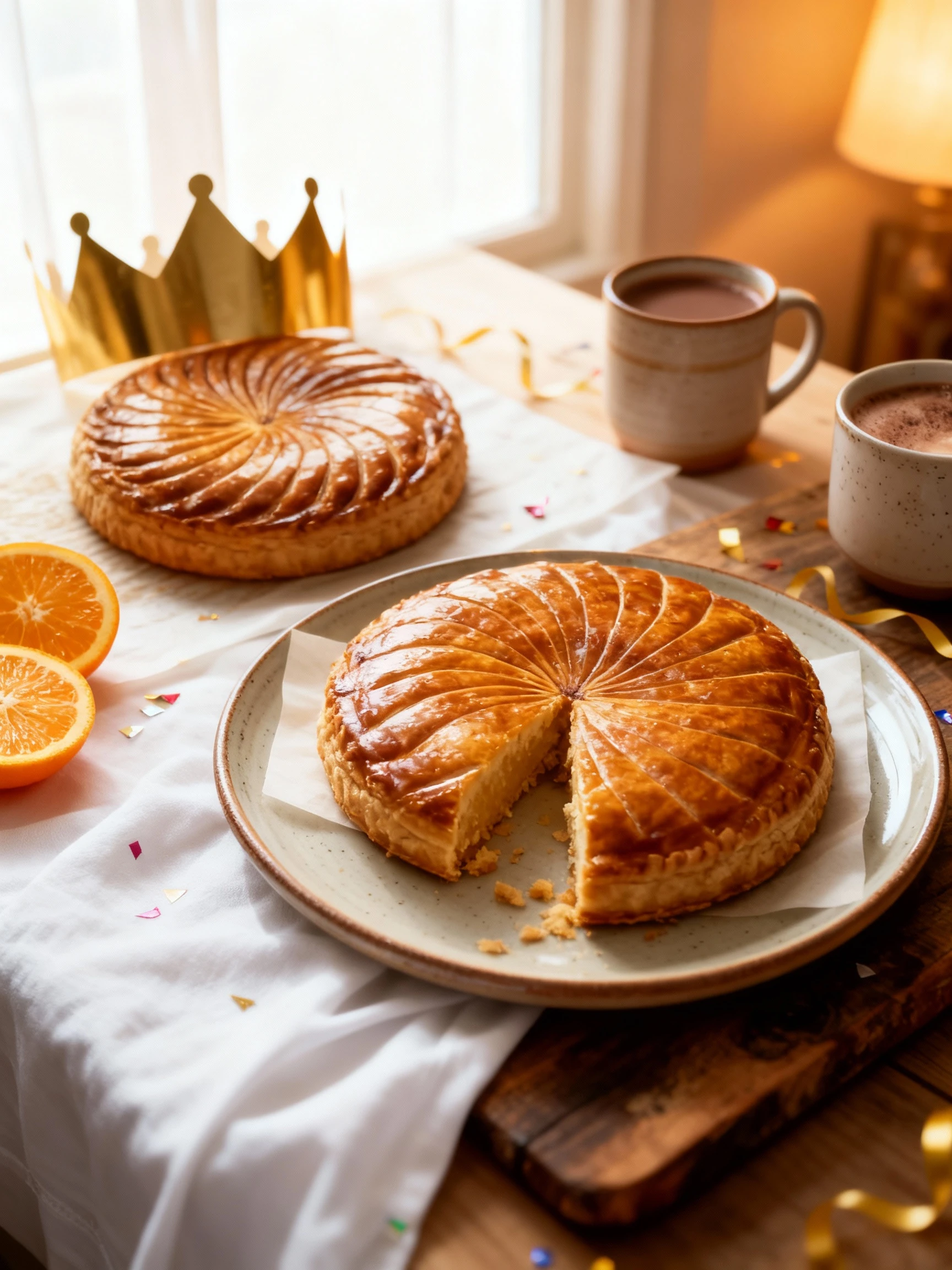 Two glossy, scored puff pastry tarts (Galette des Rois) are displayed on parchment paper, with one tart whole and the other sliced to reveal the internal fillin