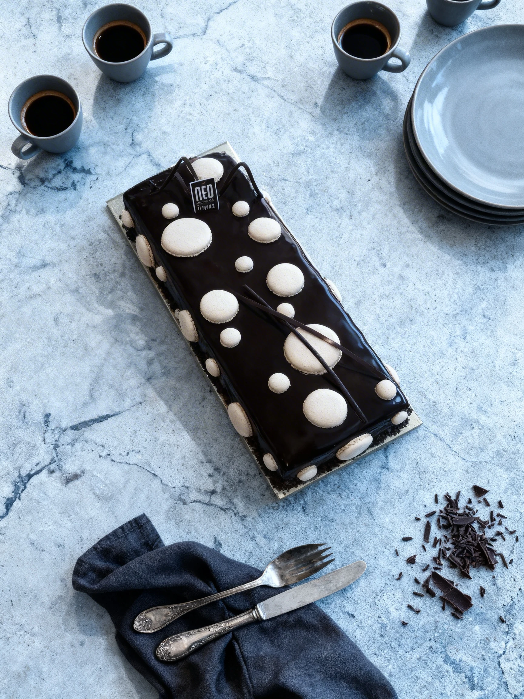 Rectangular chocolate ganache cake decorated with white macaron shells of various sizes and arched chocolate strips.