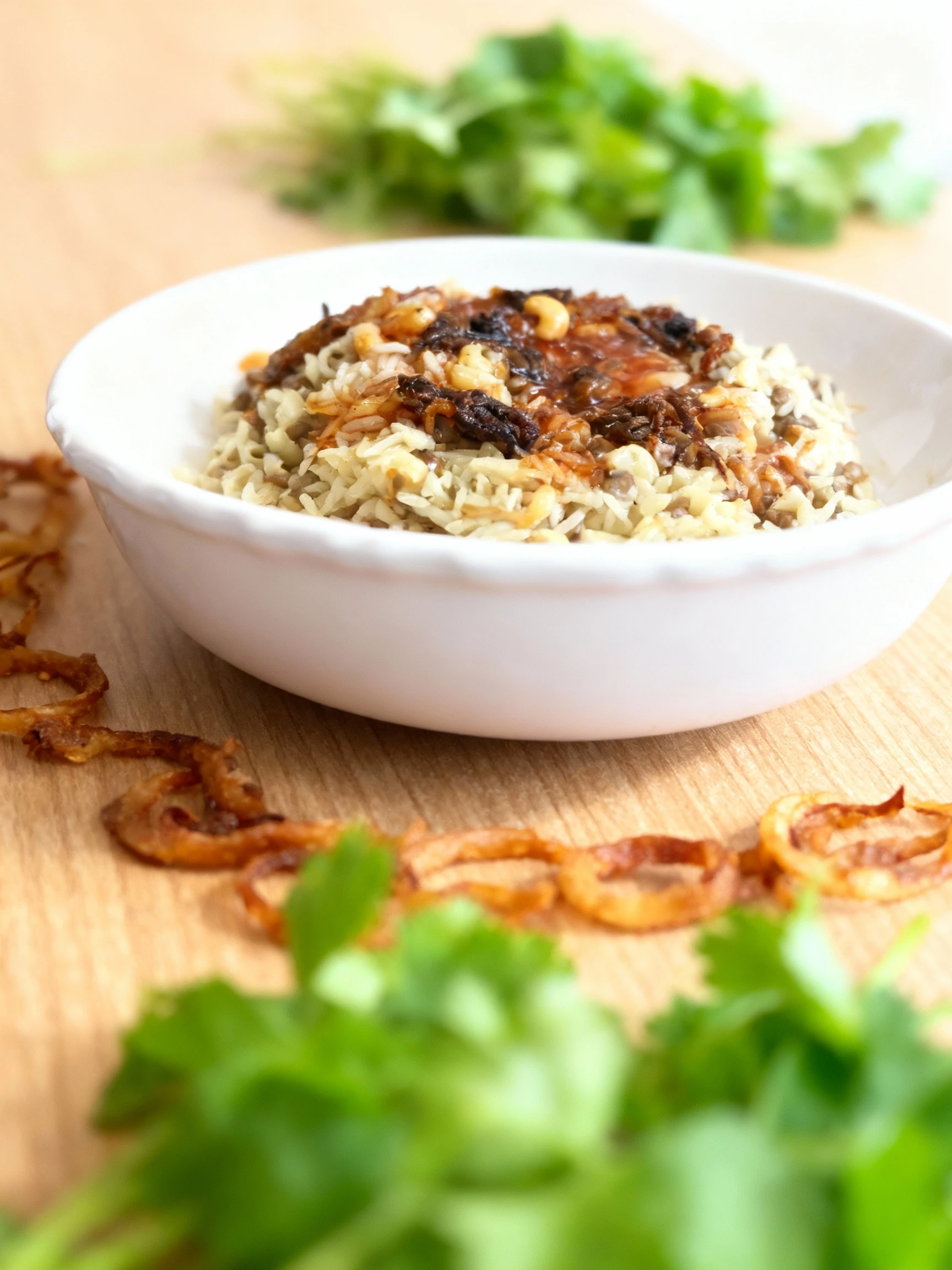 A mix of rice, lentils, and small tubular pasta is served in a white bowl, topped with a reddish tomato sauce and a mound of dark, crispy fried onions.