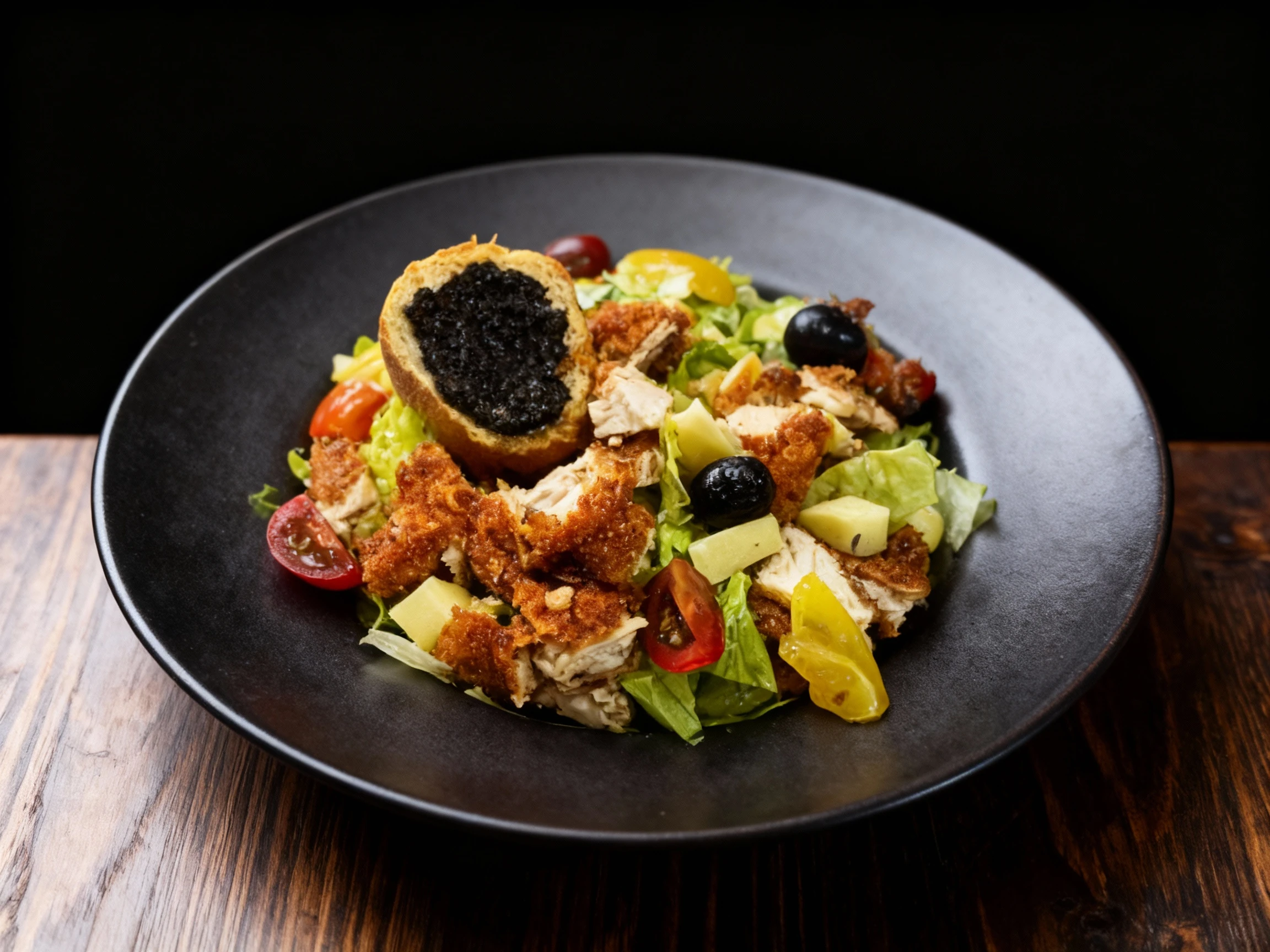 A chicken salad with breaded cutlets, fresh lettuce, cherry tomatoes, olives, and a piece of crusty bread topped with black olive tapenade.