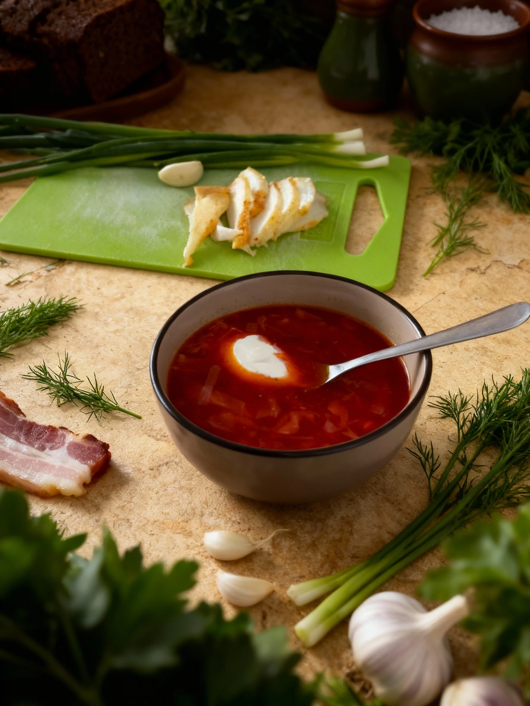 A bowl of red borscht soup topped with a dollop of sour cream, served alongside a green cutting board with sliced fatback, a garlic clove, and green onions.