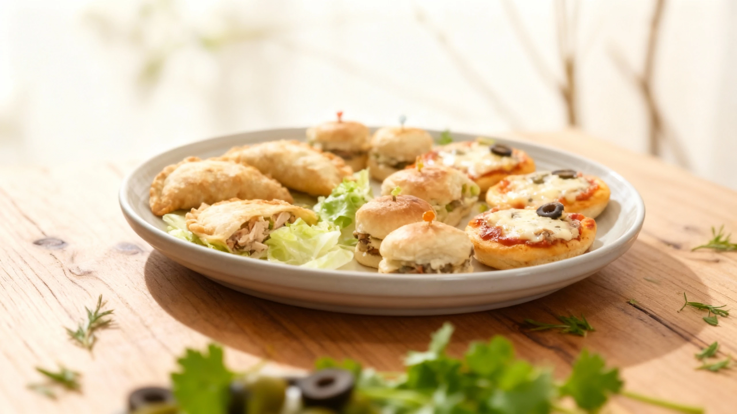 Six cardboard catering boxes containing various snacks, including empanadas, chicken lettuce wraps, mini slider sandwiches, and mini pizzas topped with cheese a