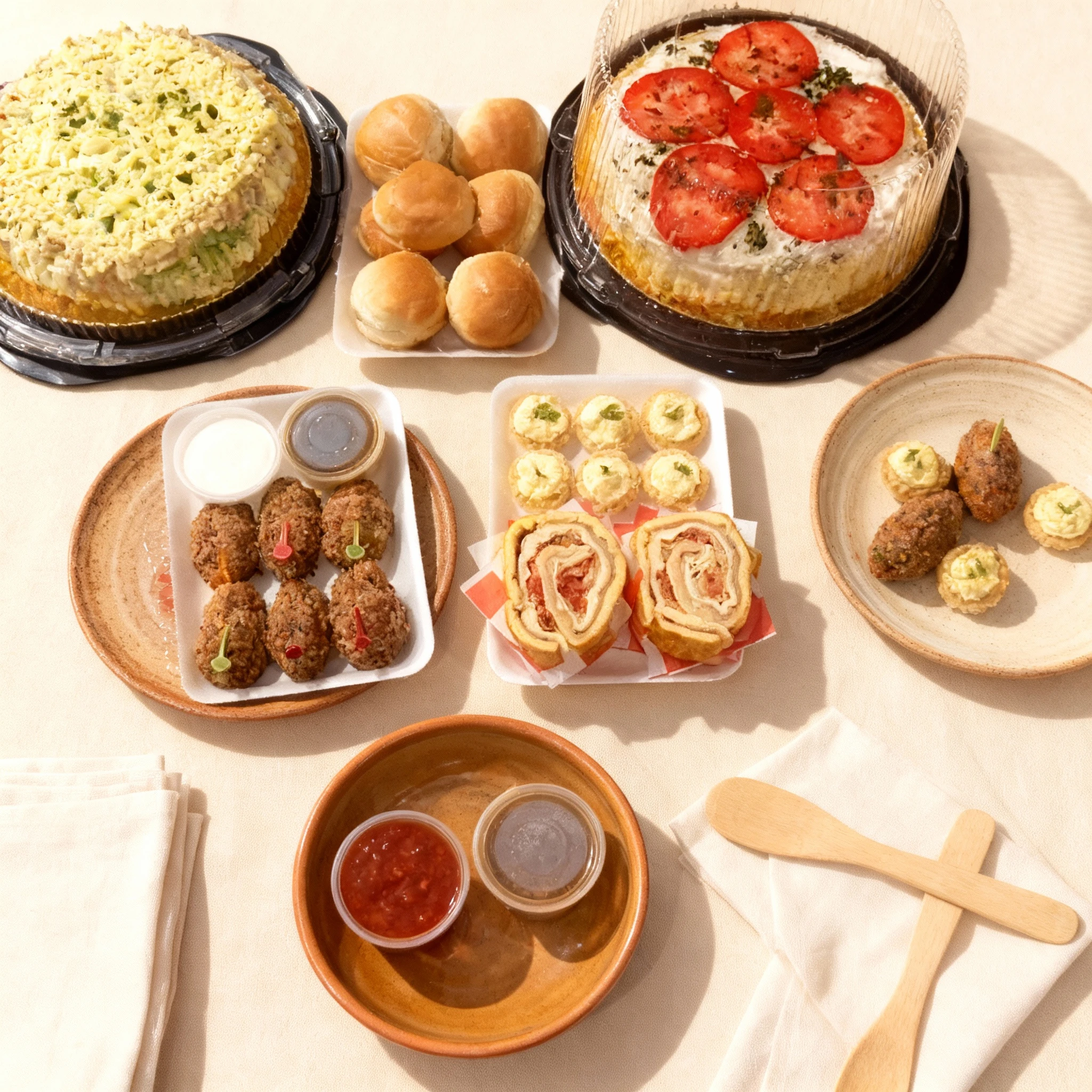 A catering assortment featuring a potato salad topped with tomato slices, a savory cake with grated cheese, slider buns, fried kibbeh with dipping sauces, and v