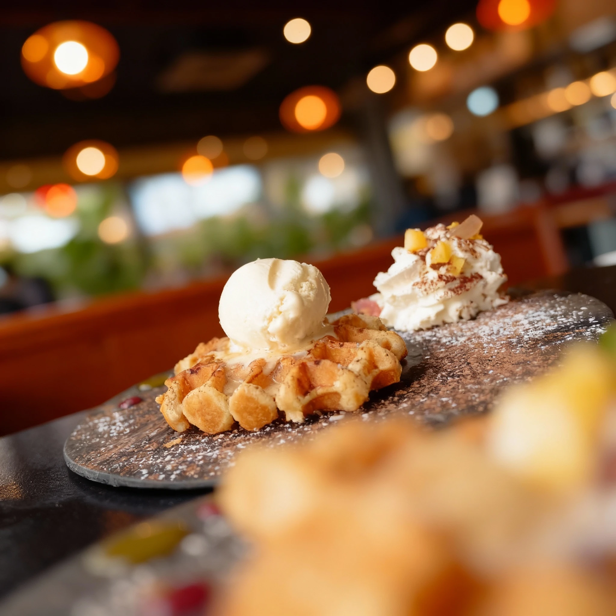 A waffle dessert served on a dark slate plate, topped with a scoop of melting vanilla ice cream and a separate mound of whipped cream garnished with diced fruit