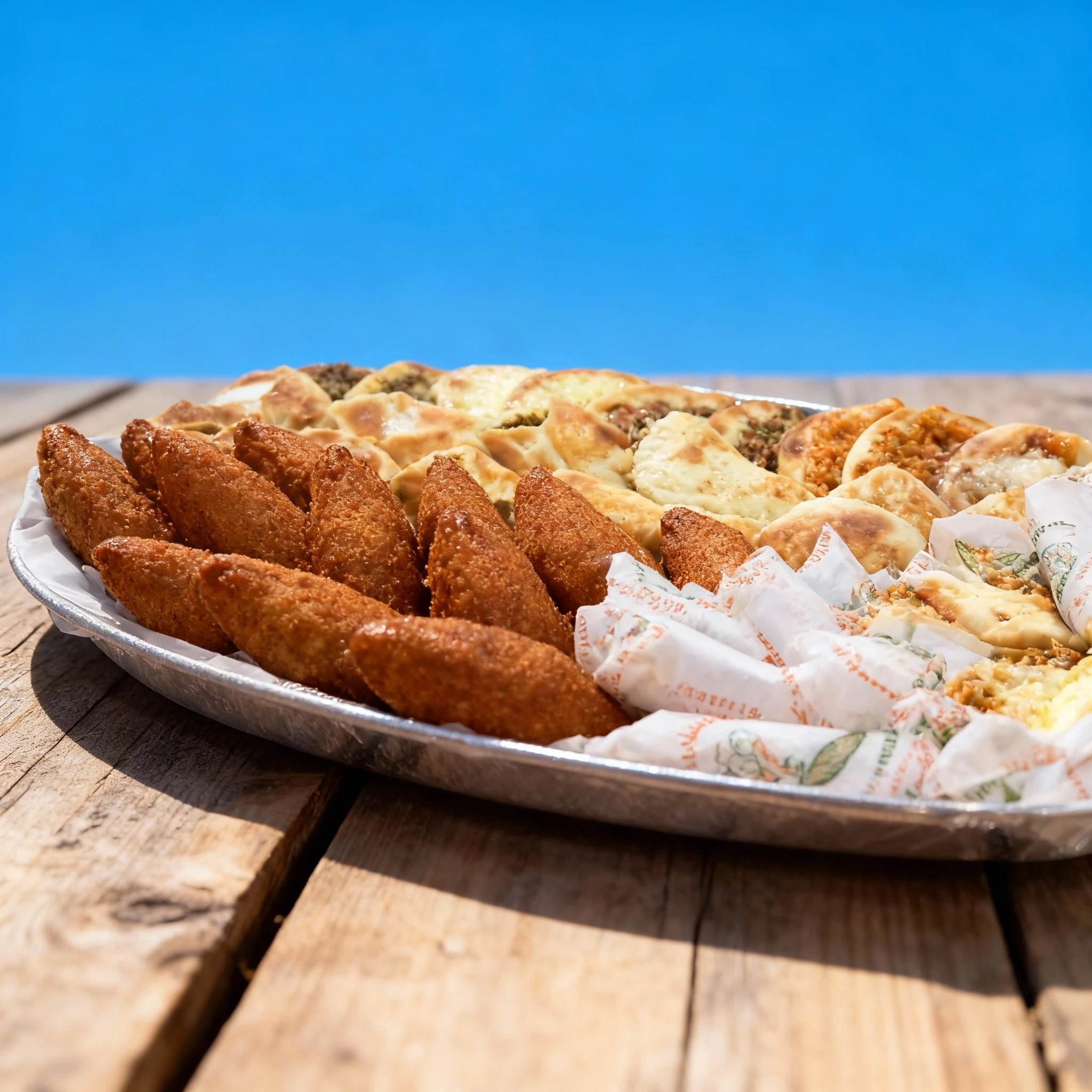 A Middle Eastern appetizer platter featuring fried kibbeh, various manakish with meat and cheese toppings, and several paper-wrapped savory pastries.
