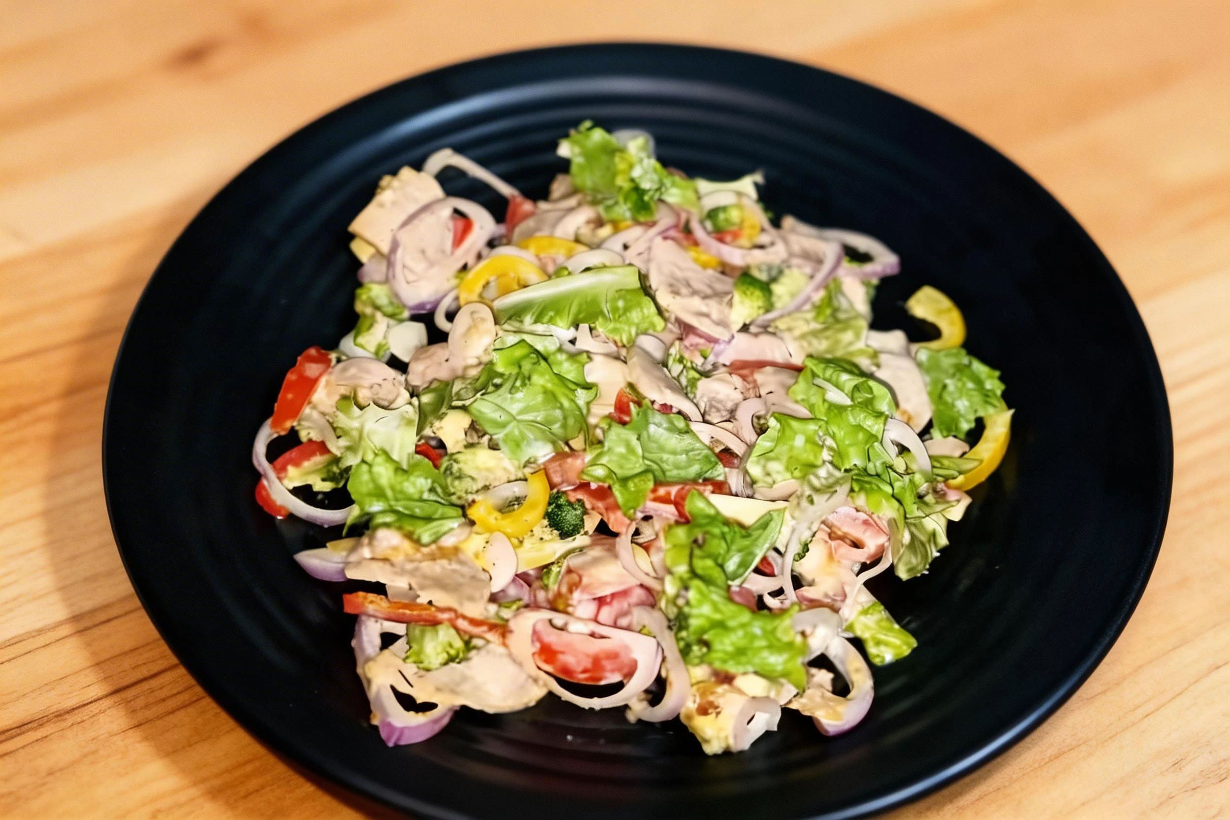 Mixed garden salad featuring chopped lettuce, sliced red onions, yellow bell peppers, and fresh tomatoes tossed with a creamy dressing.