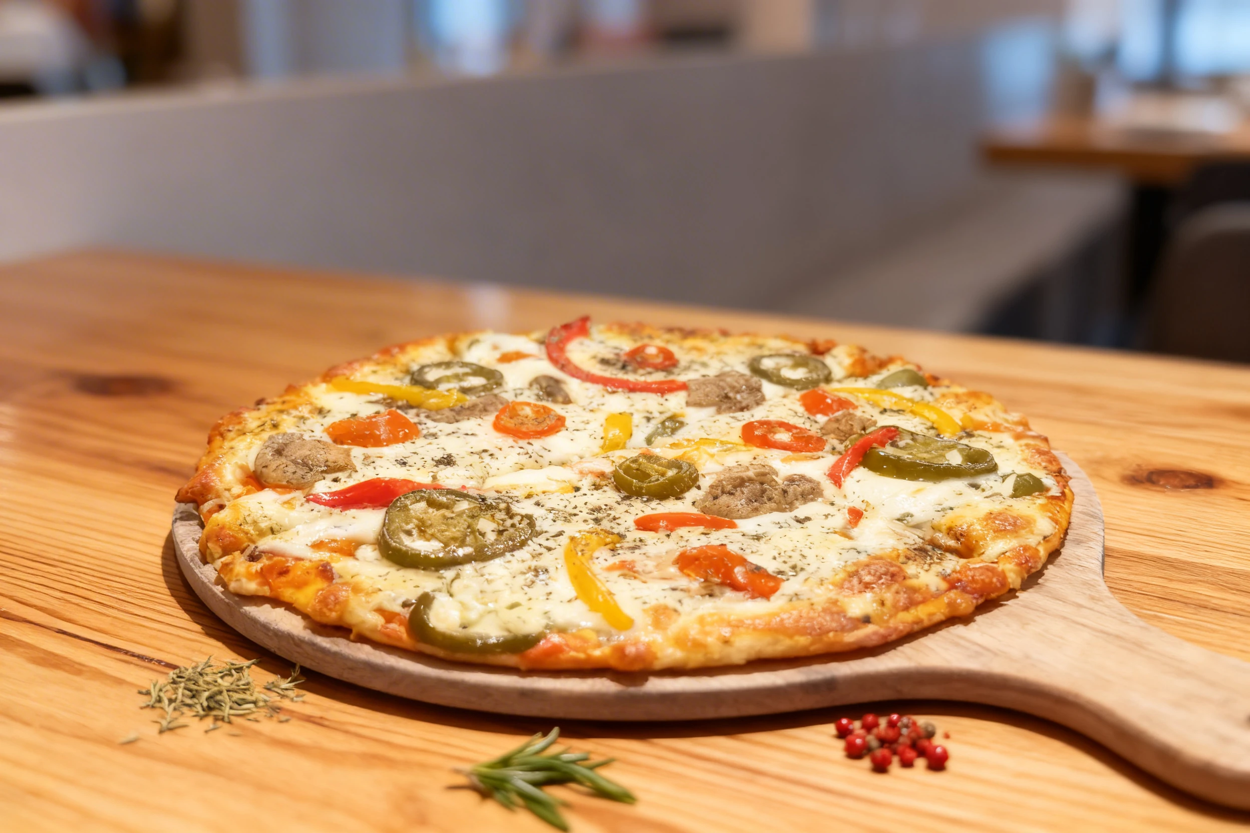 A vegetable pizza topped with melted mozzarella, sliced jalapeños, mushrooms, bell peppers, and cherry tomatoes sprinkled with dried herbs.