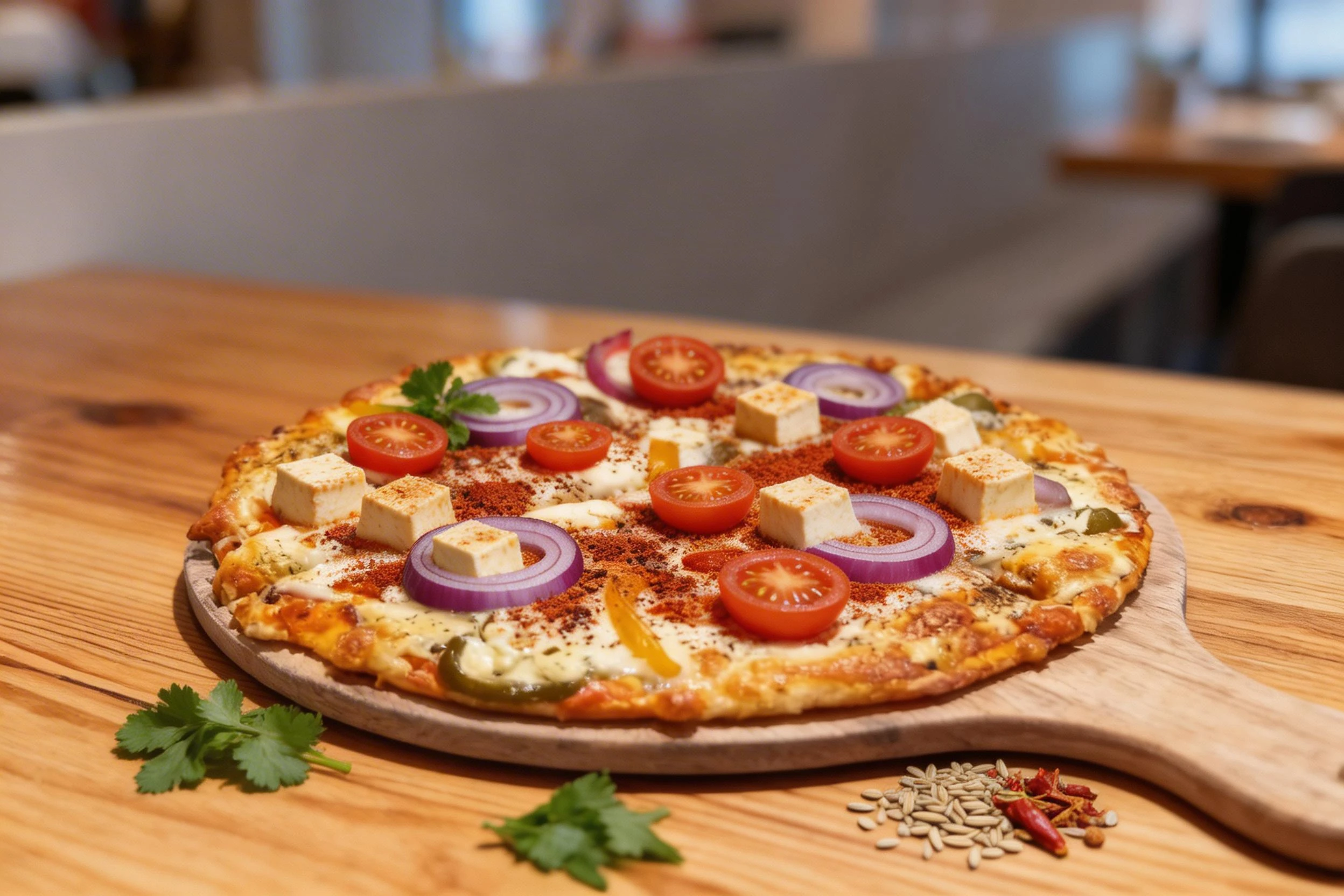 A vegetable pizza topped with melted mozzarella, sliced jalapeños, mushrooms, bell peppers, and cherry tomatoes sprinkled with dried herbs.