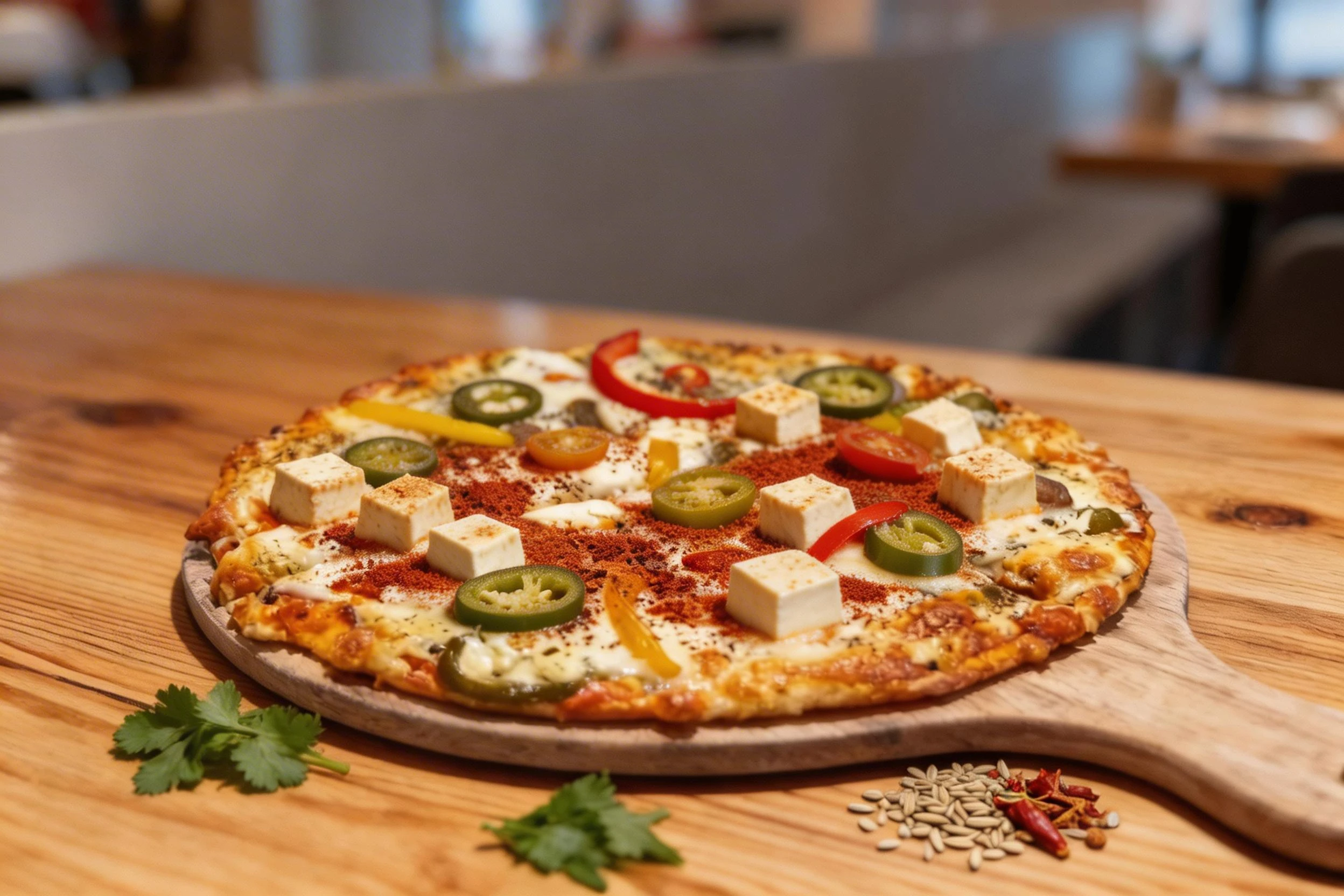 A vegetable pizza topped with melted mozzarella, sliced jalapeños, mushrooms, bell peppers, and cherry tomatoes sprinkled with dried herbs.