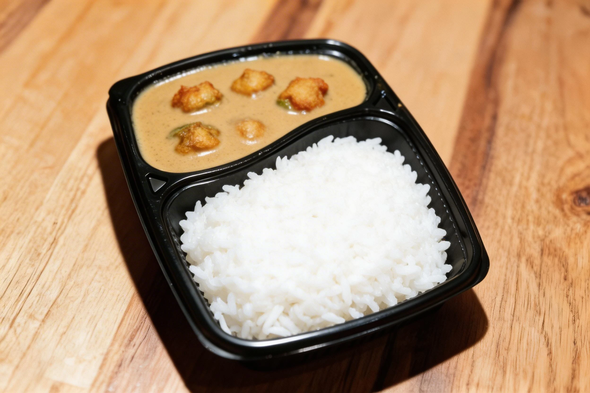 A takeout platter featuring vegetable stir-fry noodles with sliced peppers and a side of chili paneer gravy garnished with sesame seeds.