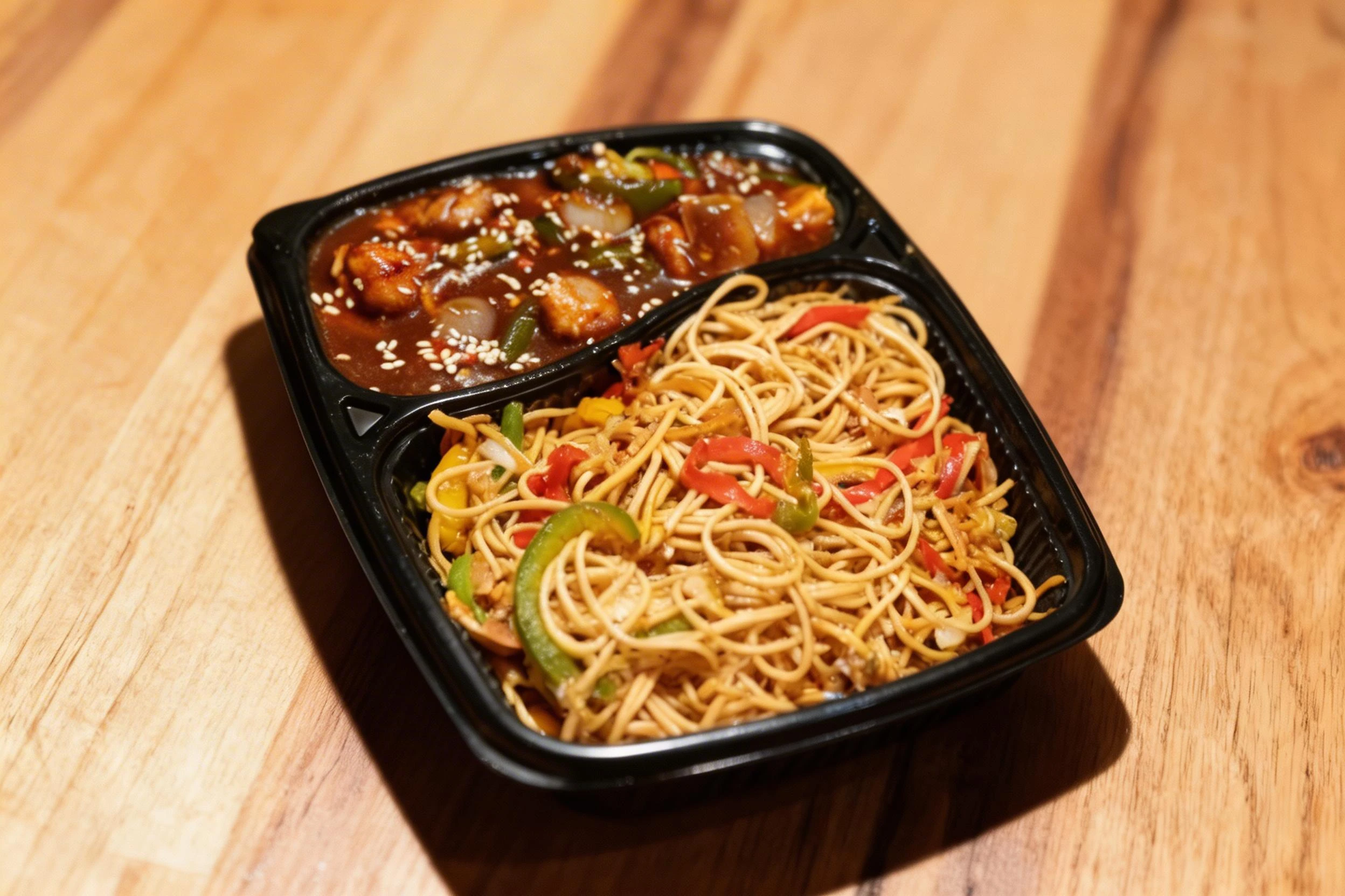 A takeout platter featuring vegetable stir-fry noodles with sliced peppers and a side of chili paneer gravy garnished with sesame seeds.
