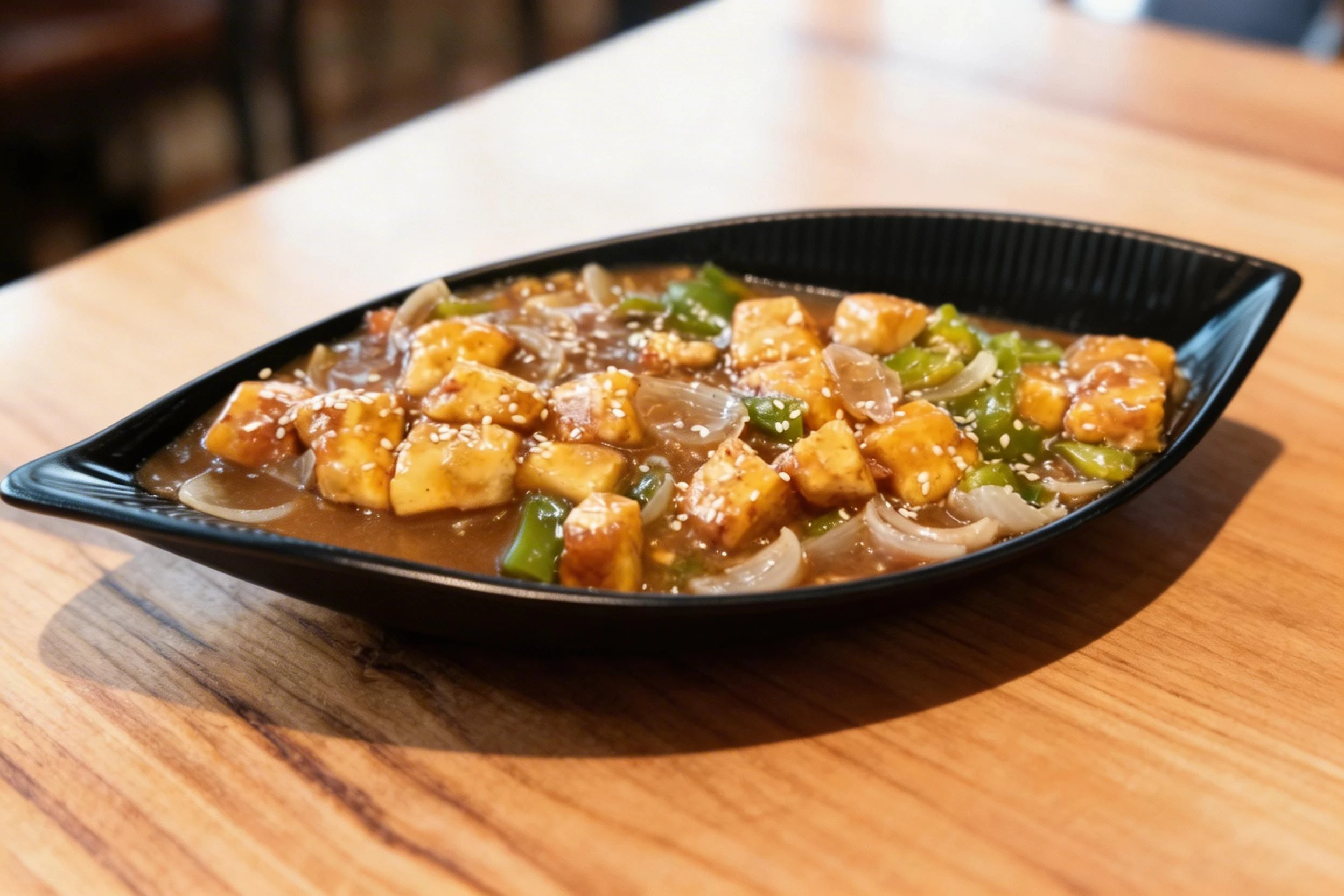 Chilli paneer cubes with sautéed green peppers and onions in a thick savory sauce, topped with white sesame seeds and served in a black oval dish.
