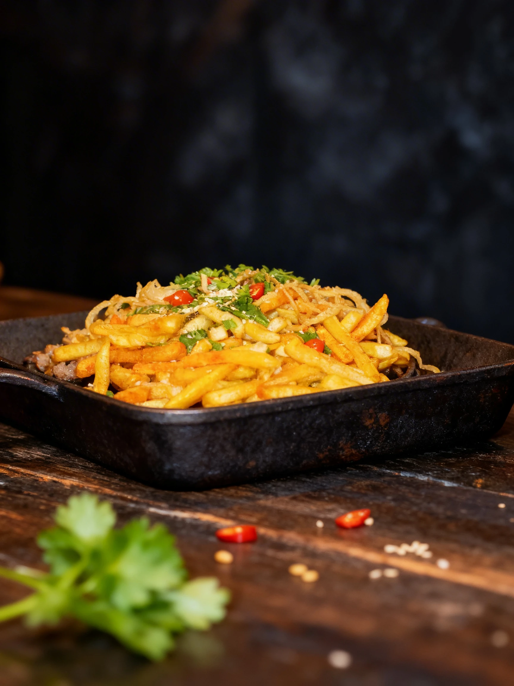 Loaded french fries on a sizzling cast iron skillet topped with fresh parsley, sliced red chilies, sesame seeds, and crispy onion straws.