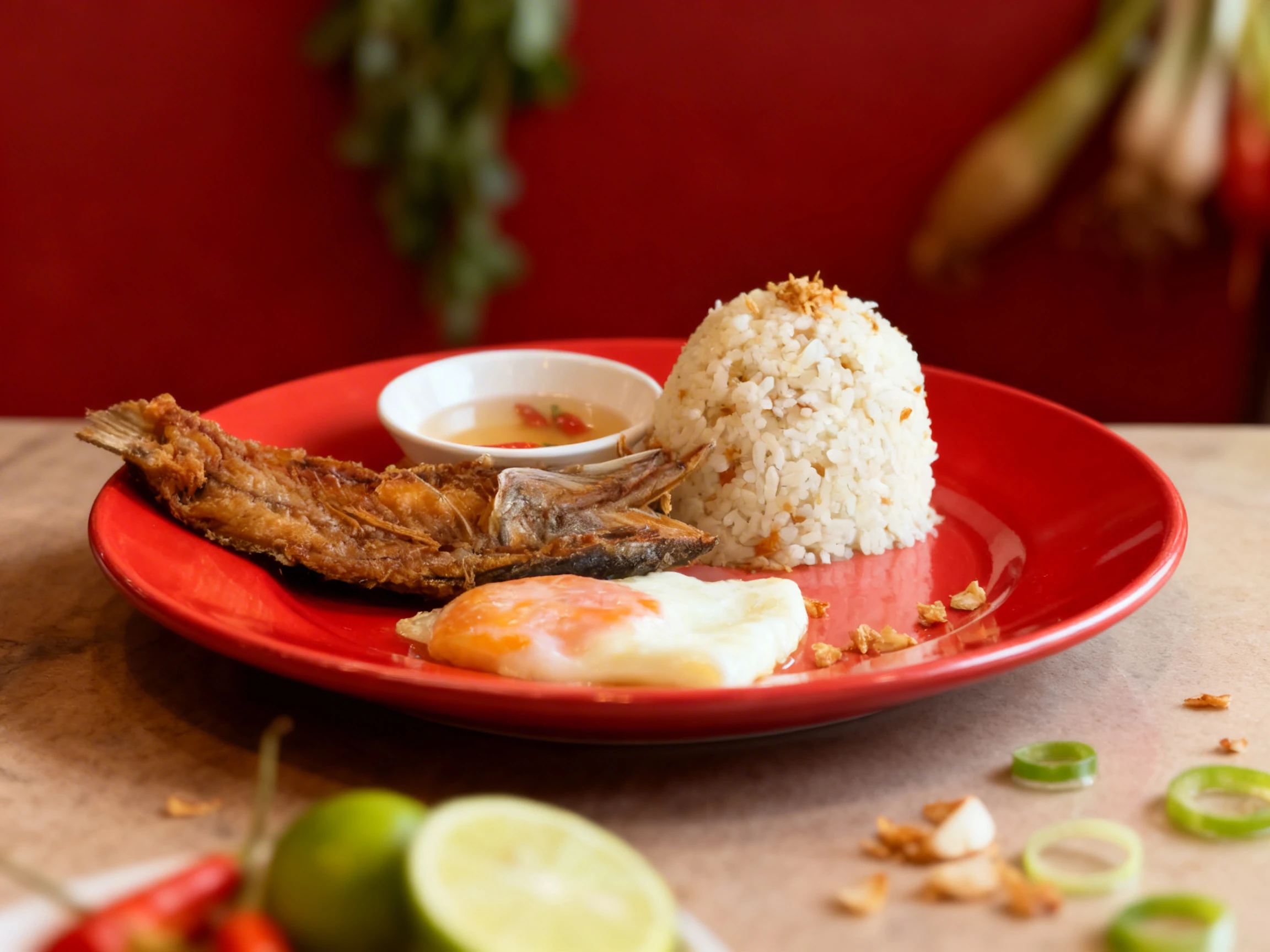 Bangus silog featuring fried milkfish, garlic fried rice topped with toasted garlic bits, a fried egg, and a small bowl of spiced vinegar dipping sauce.
