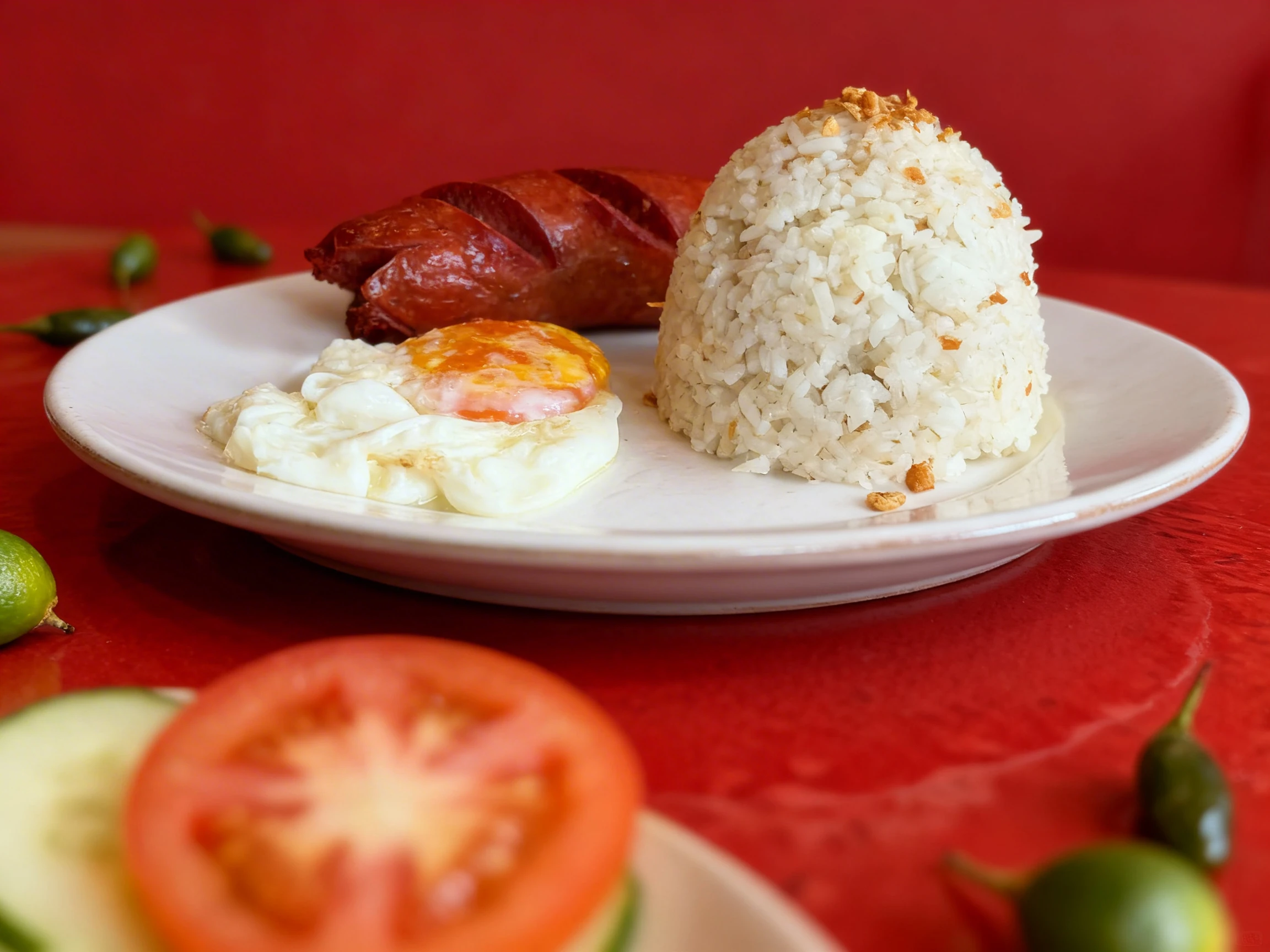 Longsilog breakfast featuring a scored red sausage, a mound of garlic fried rice topped with toasted garlic bits, and a sunny-side up egg.