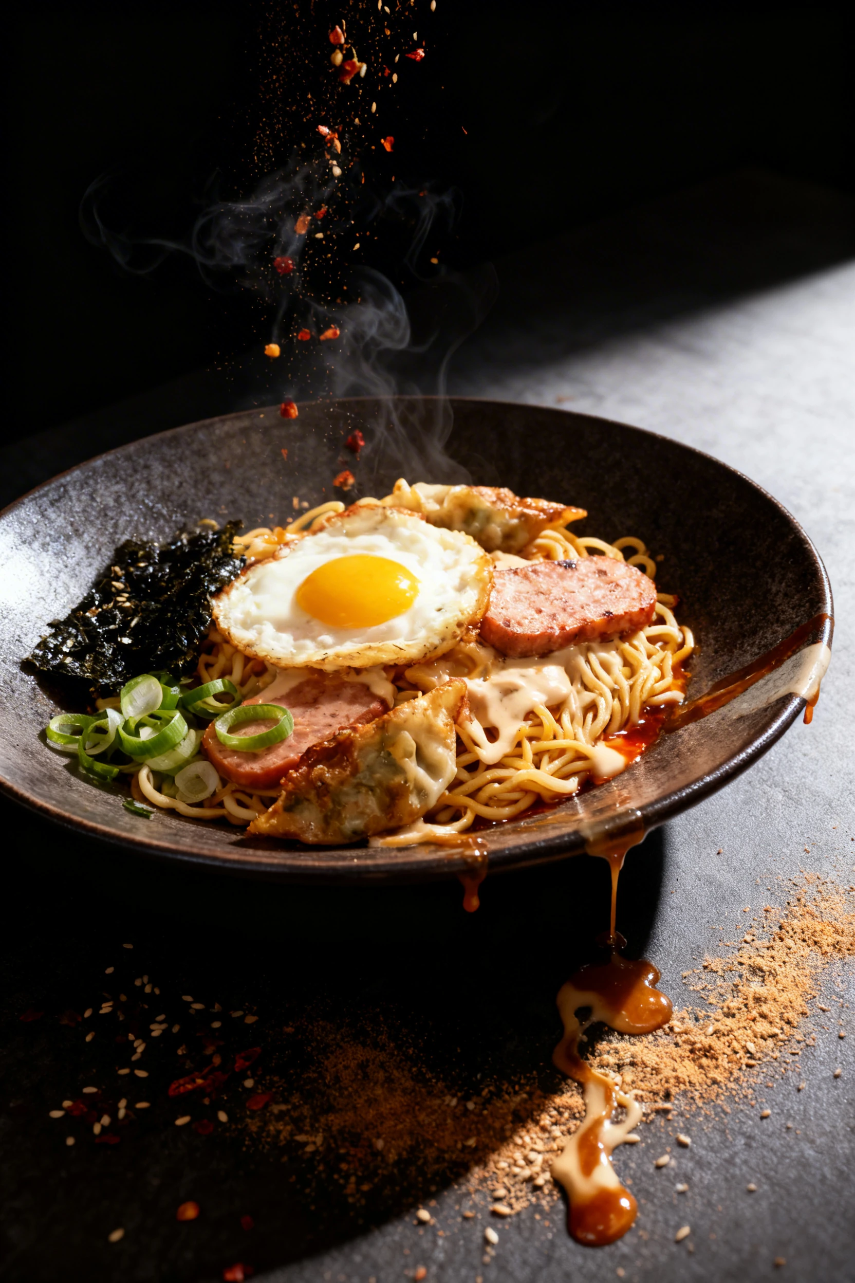 A takeaway container filled with noodles topped with a sunny-side up egg, pan-fried dumplings, a slice of grilled spam, creamy sauce, and a side of dried seawee