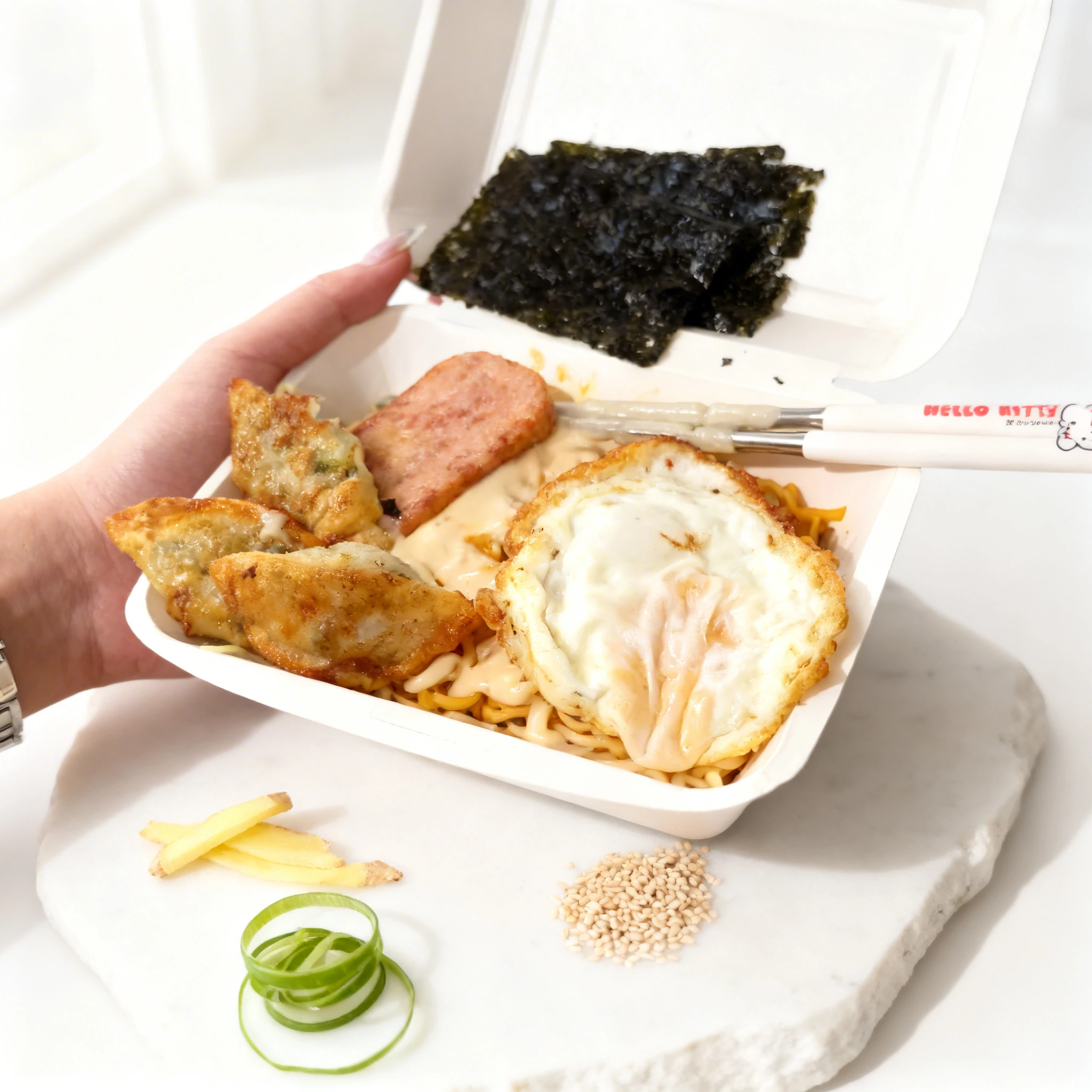 Noodles topped with a fried egg, slice of spam, and pan-fried dumplings, served with sheets of roasted seaweed.