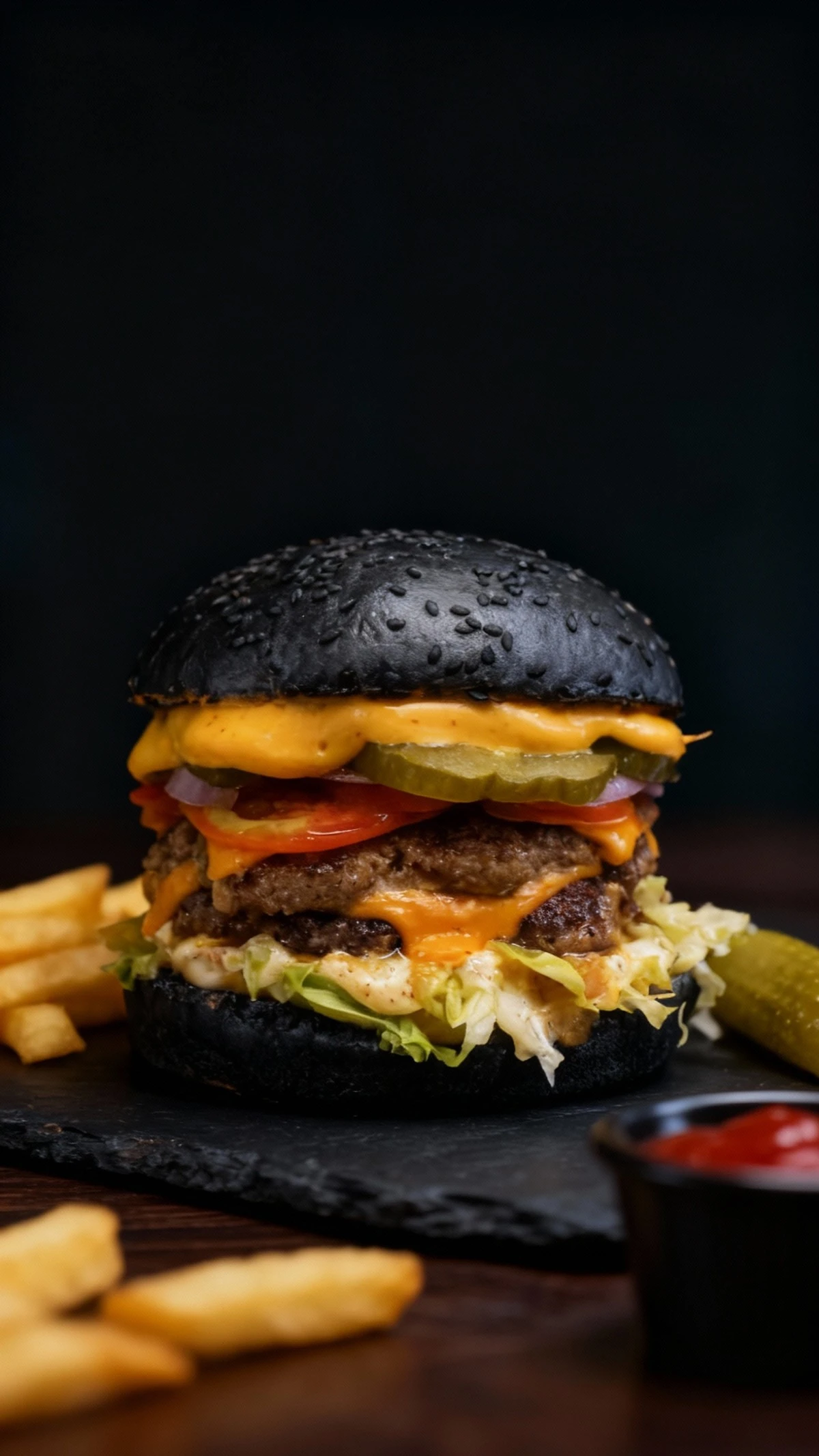 A tall double cheeseburger featuring two beef patties topped with melted cheese sauce, thick pickles, tomato, red onion, and shredded lettuce on a black sesame