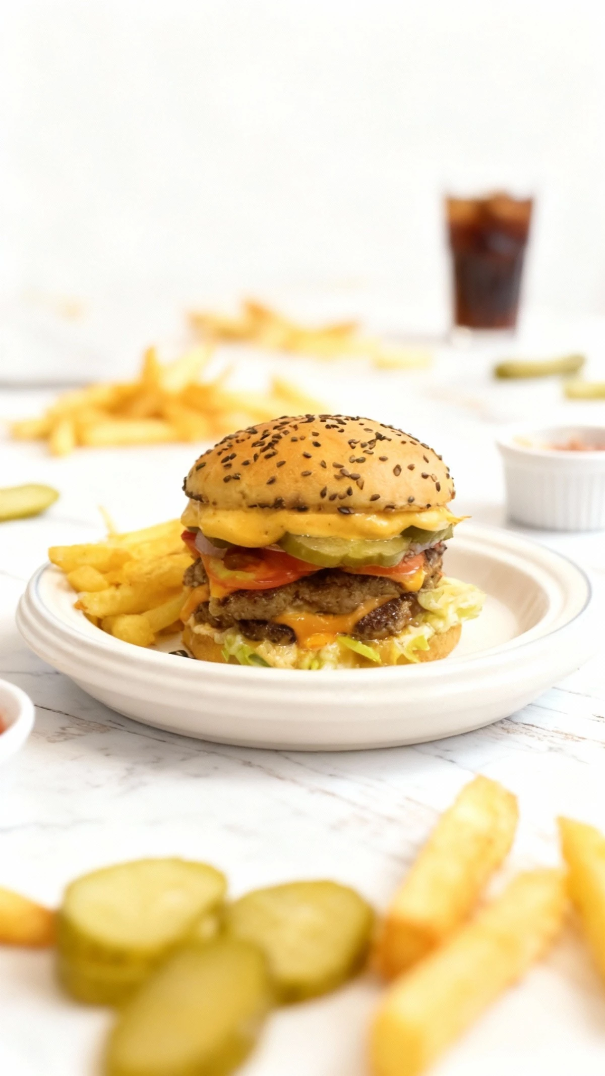 A tall double cheeseburger featuring two beef patties layered with excessive melted cheese sauce, shredded lettuce, tomato, red onion, and large pickle slices,