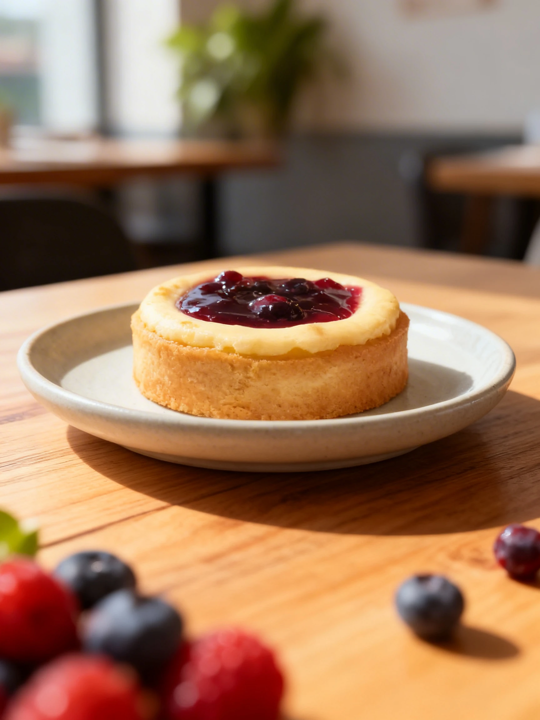 A round baked cheesecake tart topped with a glossy berry compote, served on a white plate with blue rim detail.