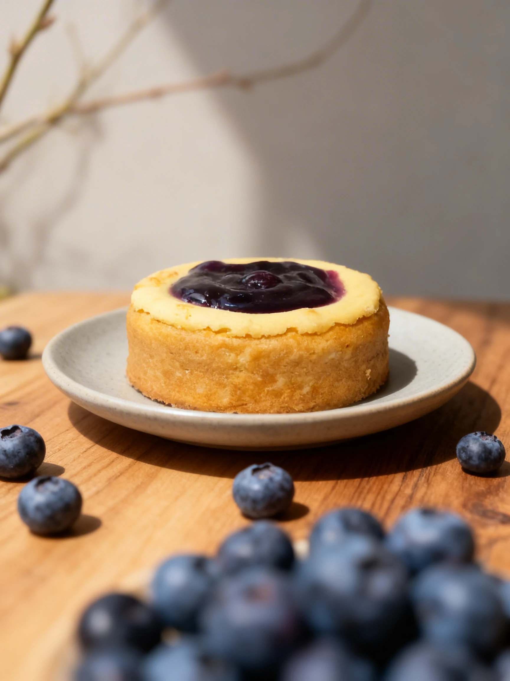 A small round blueberry cheesecake topped with a dark berry compote on a floral-patterned plate.