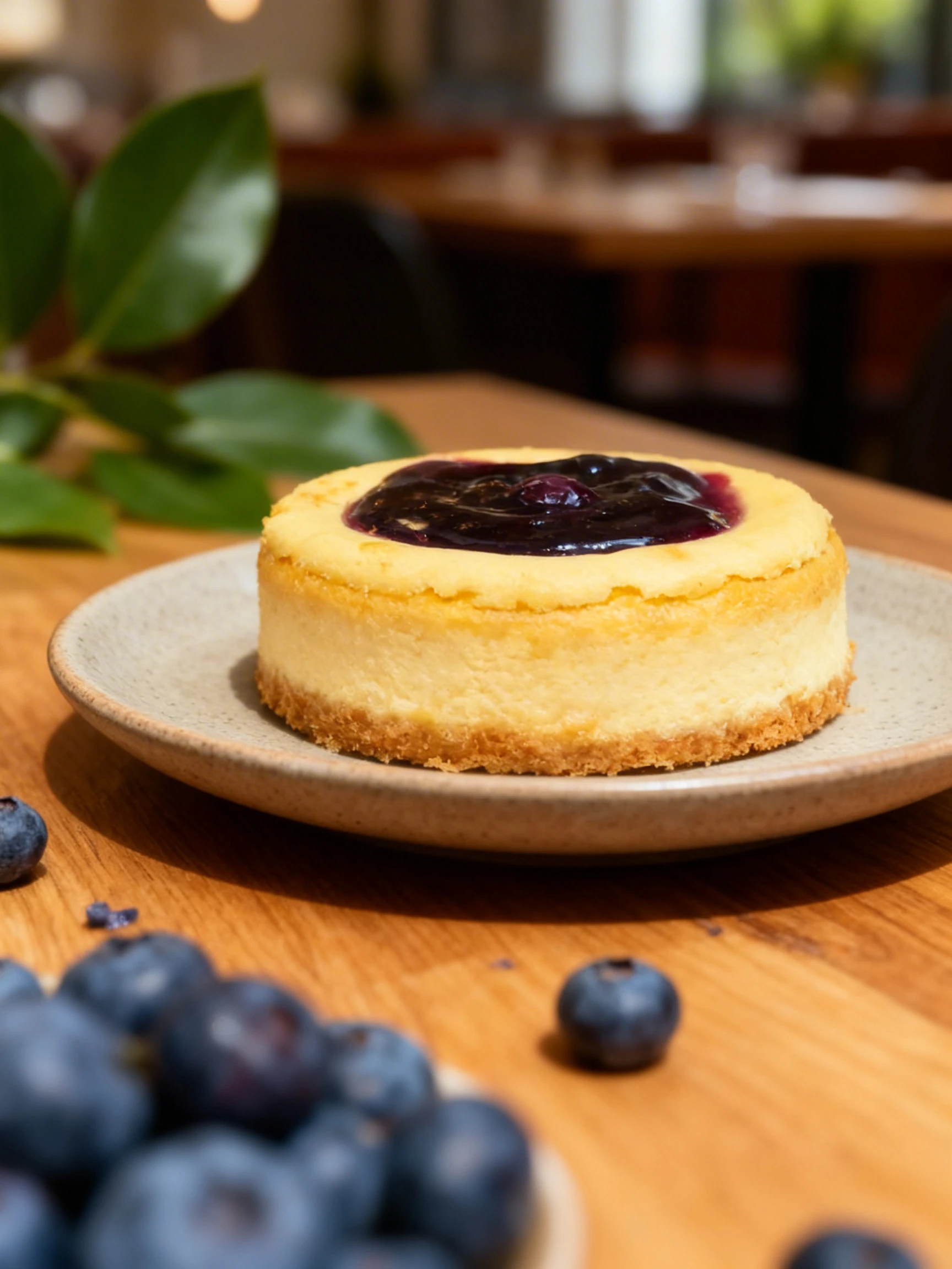 A small, round cheesecake with a golden crust topped with dark purple blueberry compote, served on a floral patterned plate.