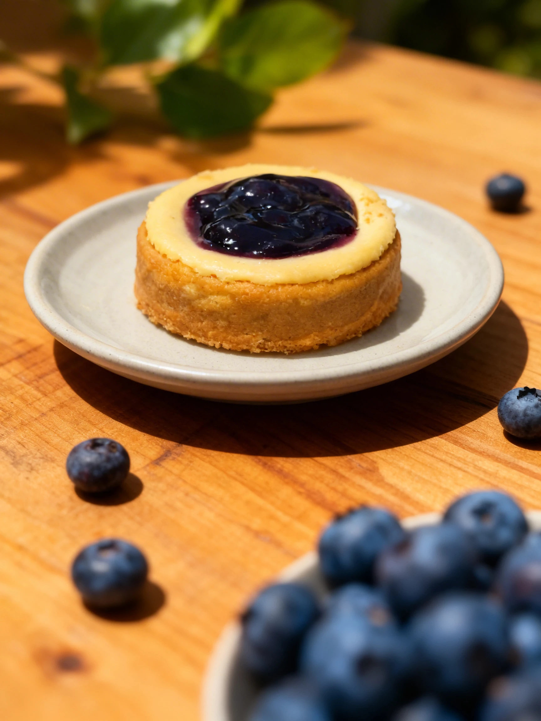 A single-serving blueberry cheesecake with a shortcrust base and a glossy fruit topping.