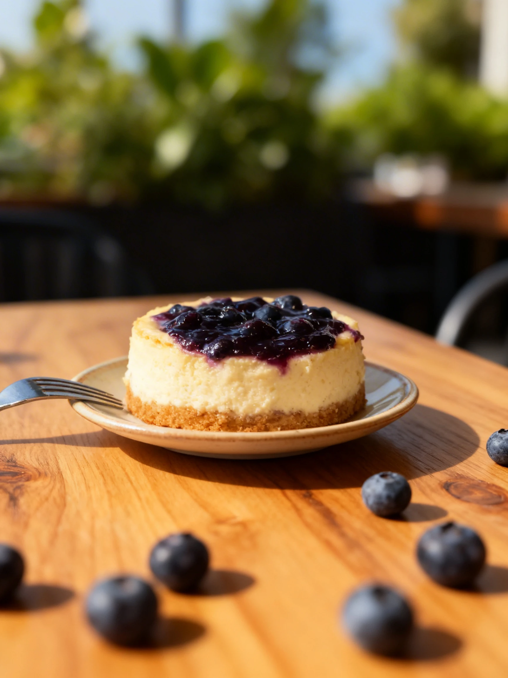 A single-serving blueberry cheesecake topped with thick blueberry compote, served on a small ceramic plate with a metal fork.