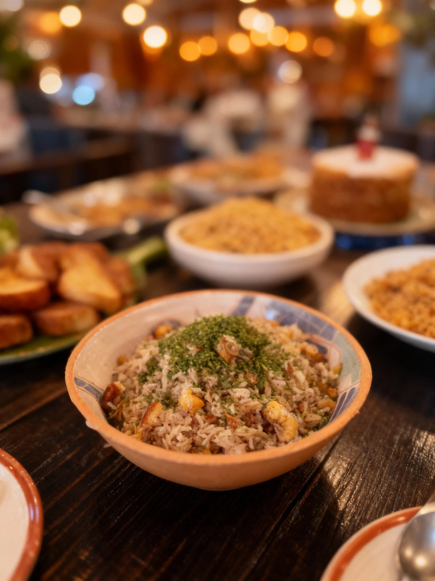 A festive buffet spread featuring various dishes, including a bowl of seasoned rice topped with chives, a farofa mixture garnished with almonds and mint, a plat