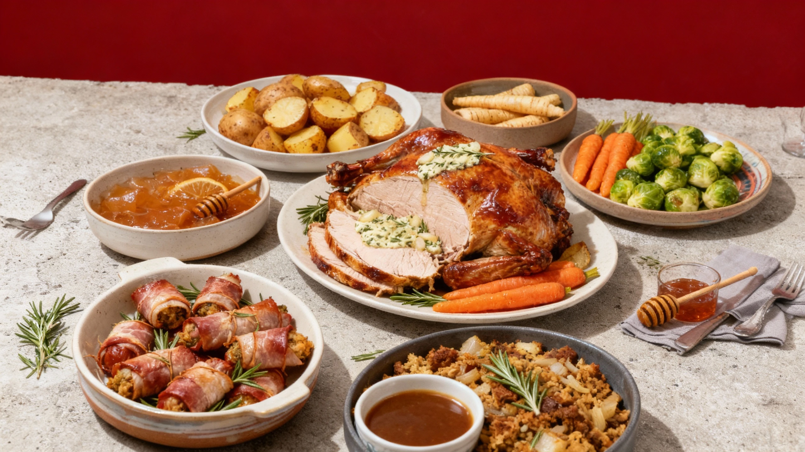 A festive meal featuring a centerpiece of sliced, glazed roasted turkey topped with a melting herb and garlic butter, surrounded by various side dishes. The acc
