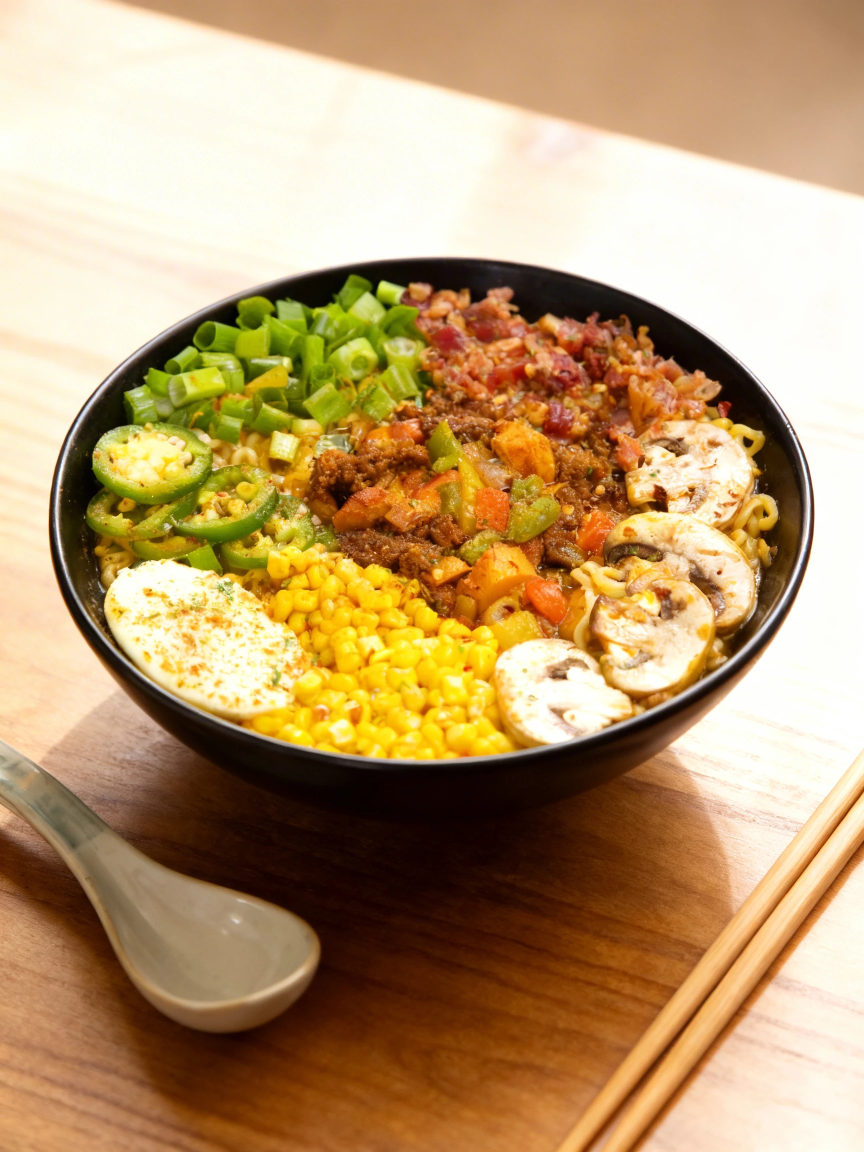 A bowl of ramen topped with seasoned ground meat, sliced mushrooms, sweet corn, a soft-boiled egg with spices, crispy bacon bits, sliced jalapeños, and chopped