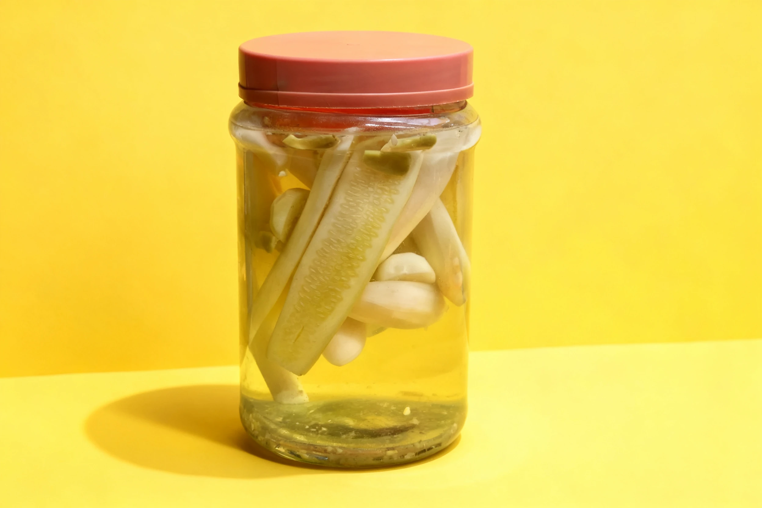 Pickled vegetables including long cucumber slices, whole garlic cloves, and other root vegetables preserved in a clear brine within a large glass jar.
