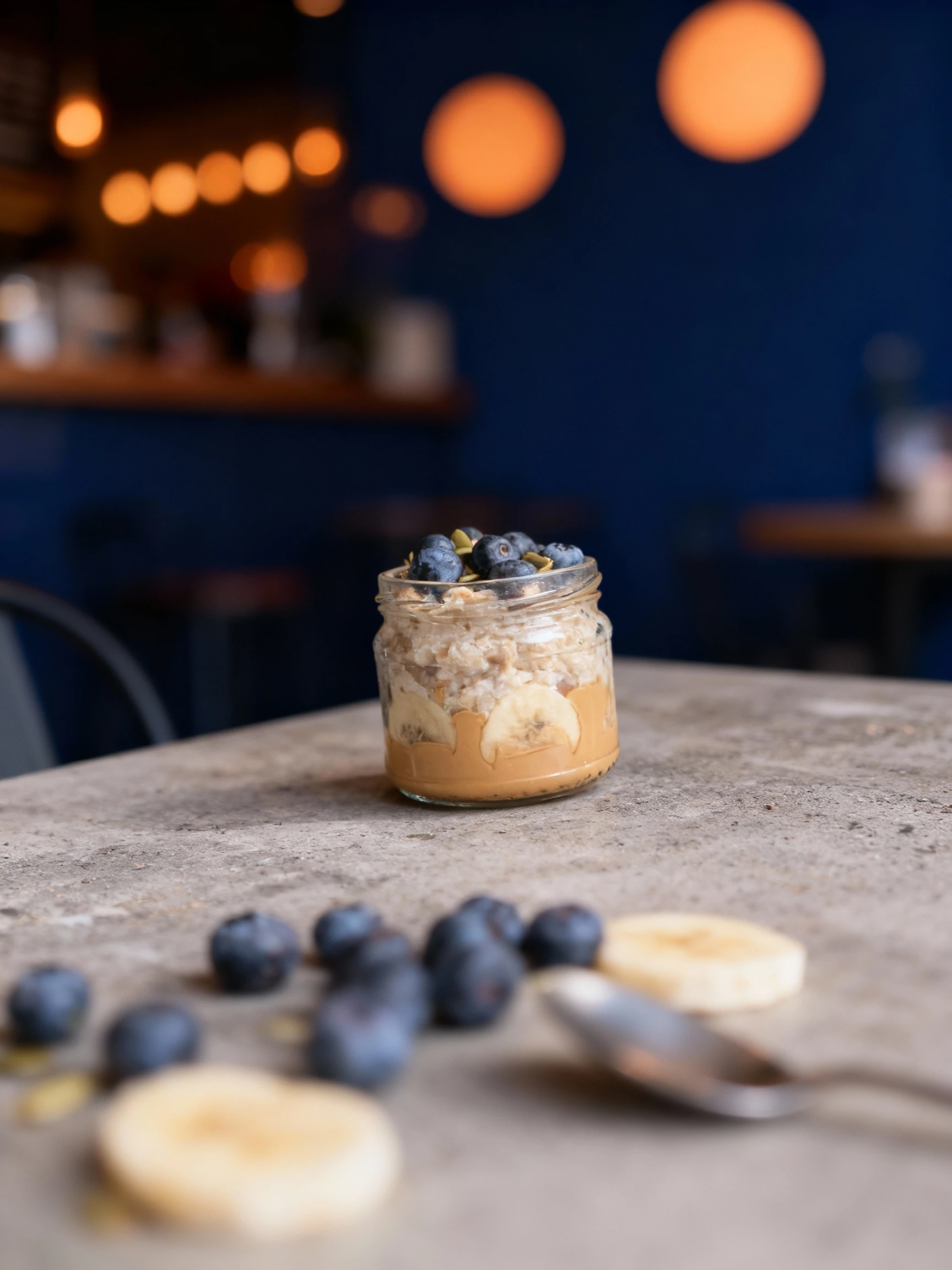 Overnight oats or breakfast parfait layered with nut butter, banana slices, and a thick oatmeal mixture, topped with fresh blueberries and pumpkin seeds (pepita