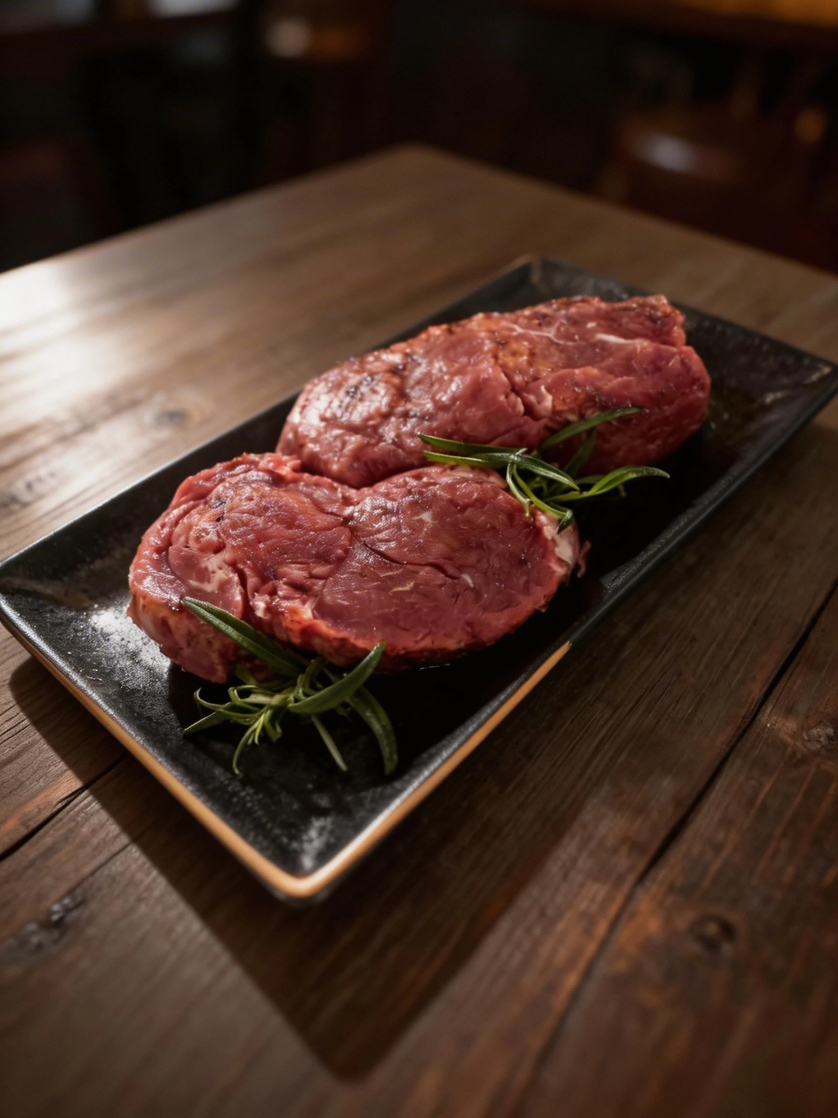 Two raw beef tenderloin steaks garnished with fresh rosemary sprigs on a black rectangular plate.