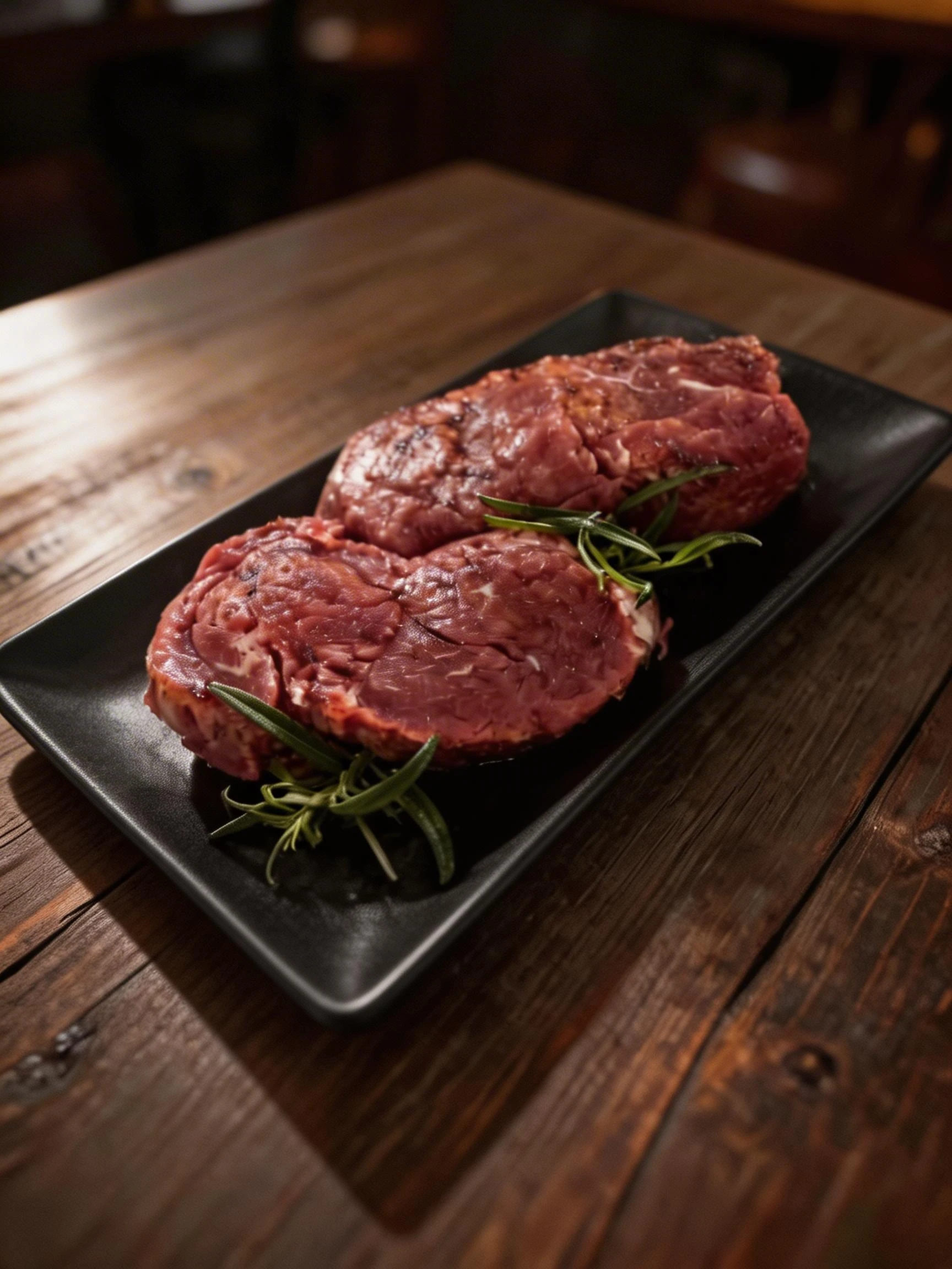 Two raw beef tenderloin steaks garnished with fresh rosemary sprigs on a black rectangular plate.