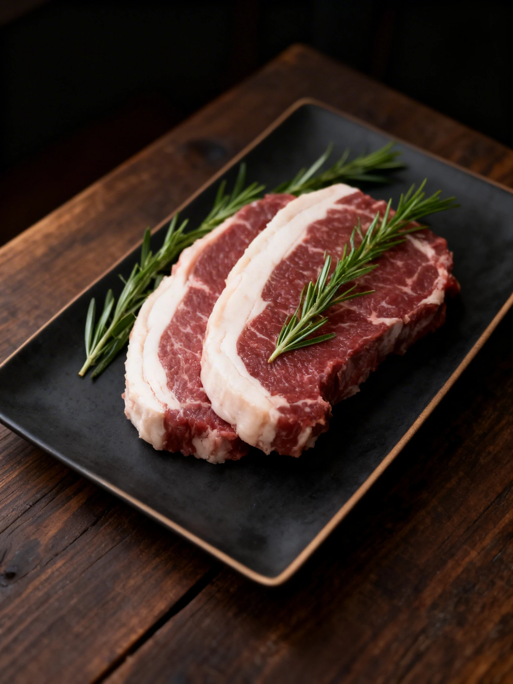 Two raw sirloin steaks with thick white fat caps, garnished with fresh rosemary sprigs on a dark matte plate.