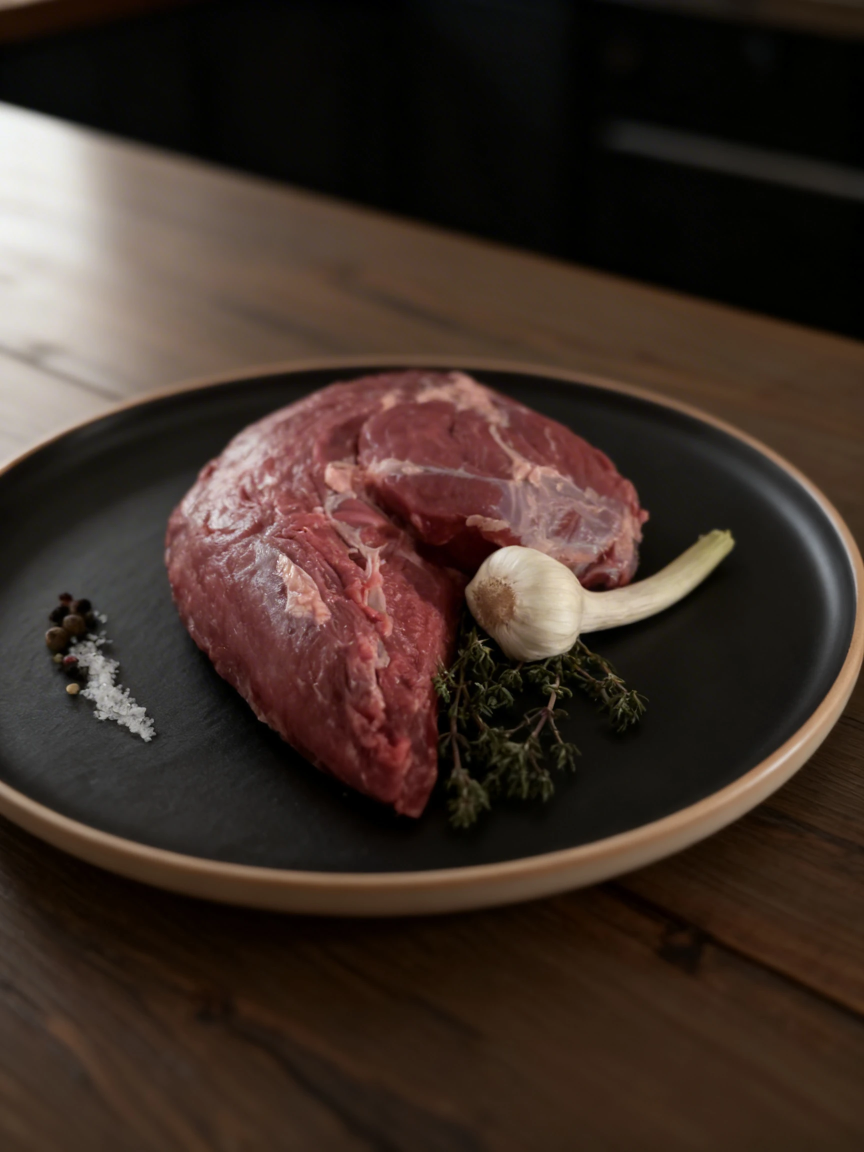 A raw cut of beef tri-tip or sirloin roast presented on a slate board with a whole head of garlic, fresh thyme sprigs, peppercorns, and coarse sea salt.