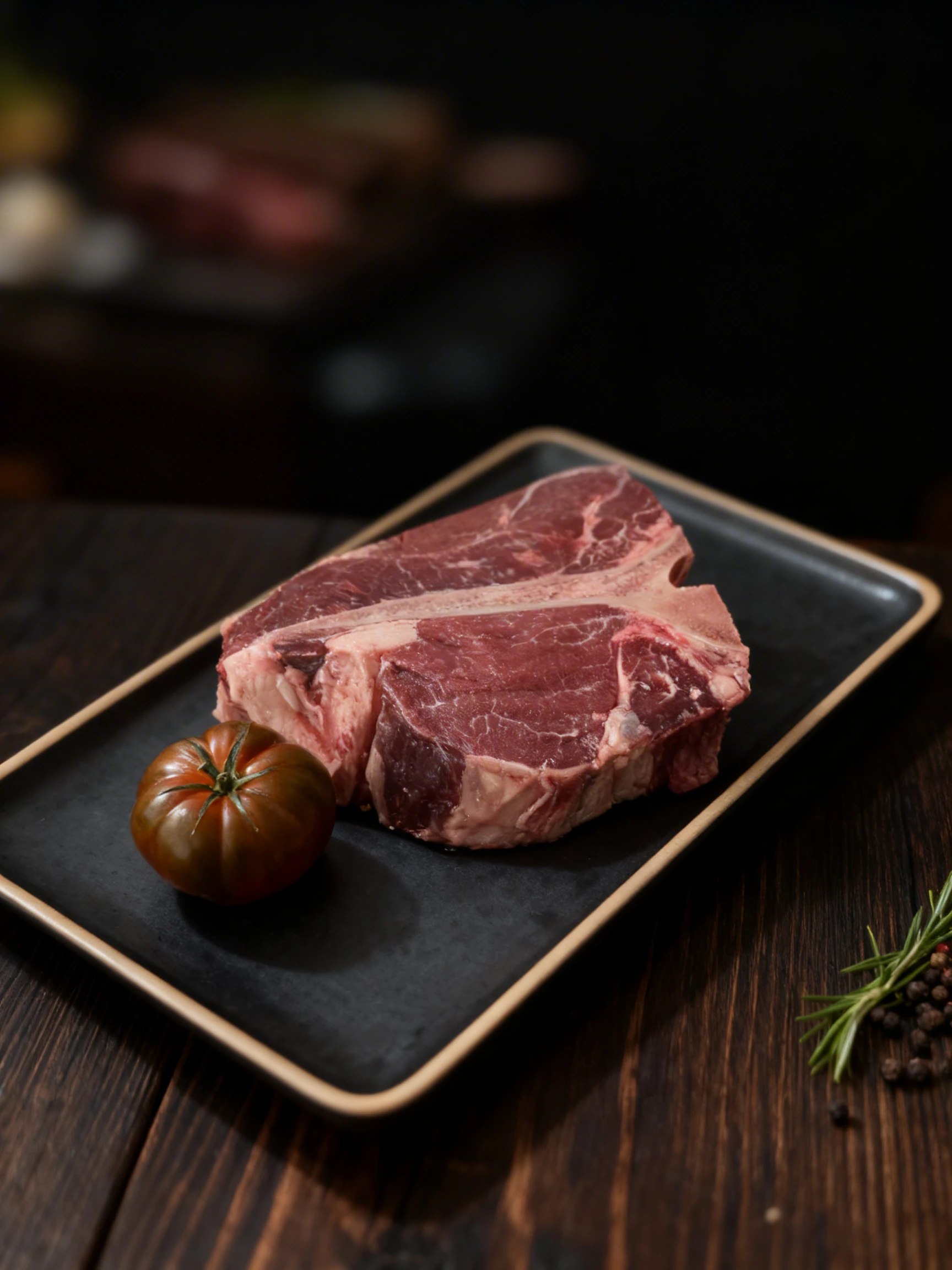 A thick, raw T-bone steak with visible marbling and a whole heirloom tomato on a slate serving board.
