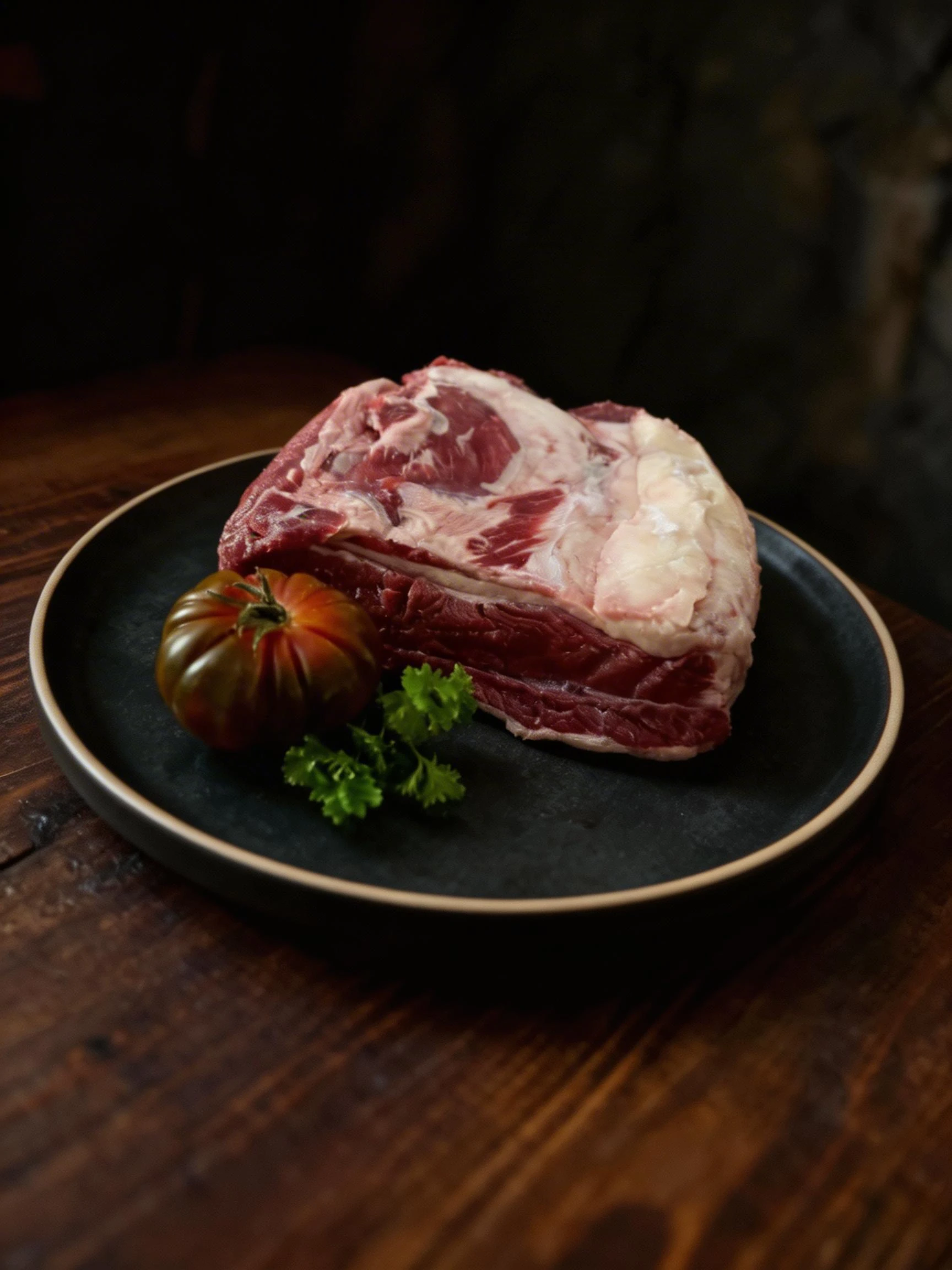 A large cut of raw beef ribeye with significant fat marbling and a thick fat cap, accompanied by a whole heirloom tomato and a sprig of fresh parsley on a slate