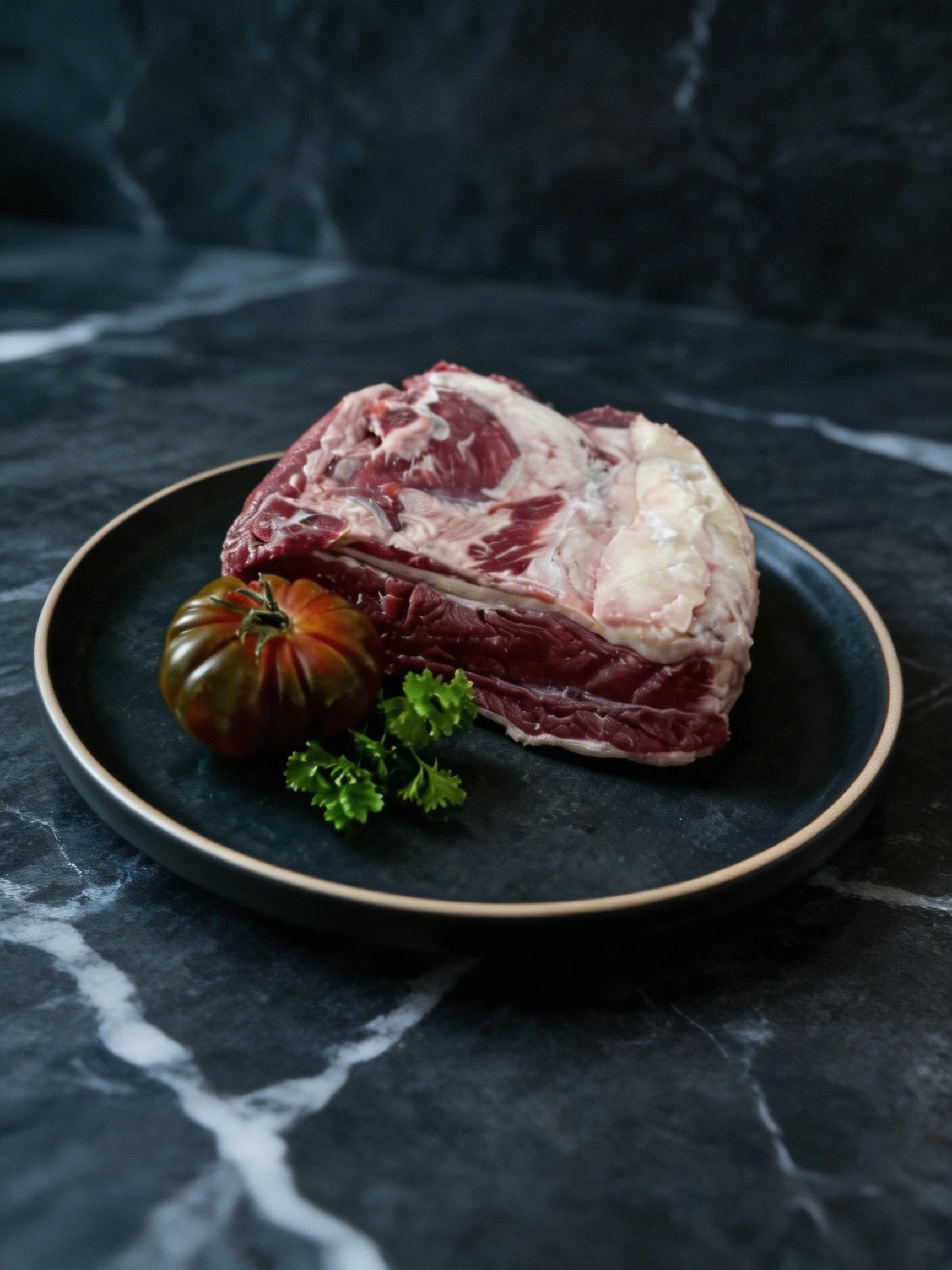 A large cut of raw beef ribeye with significant fat marbling and a thick fat cap, accompanied by a whole heirloom tomato and a sprig of fresh parsley on a slate