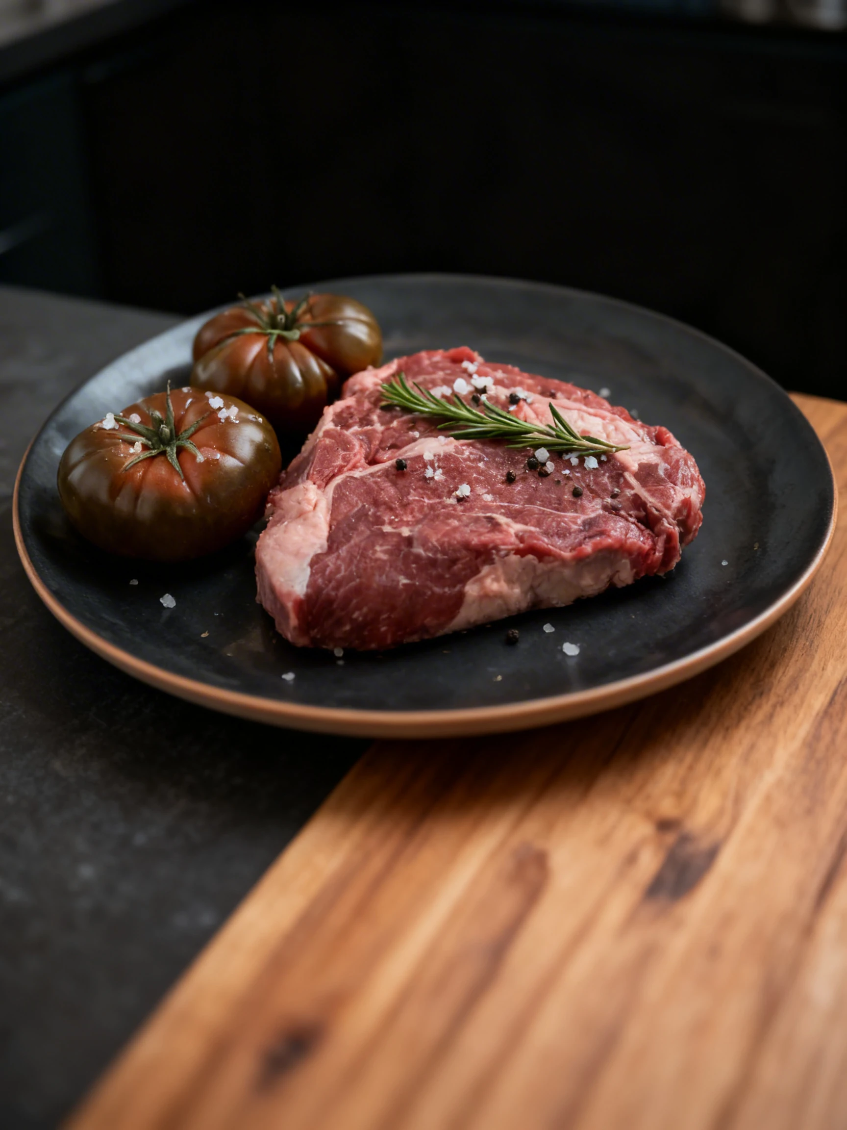 A thick cut of raw ribeye steak with visible marbling and fat cap, served with two whole heirloom tomatoes on a matte black plate.