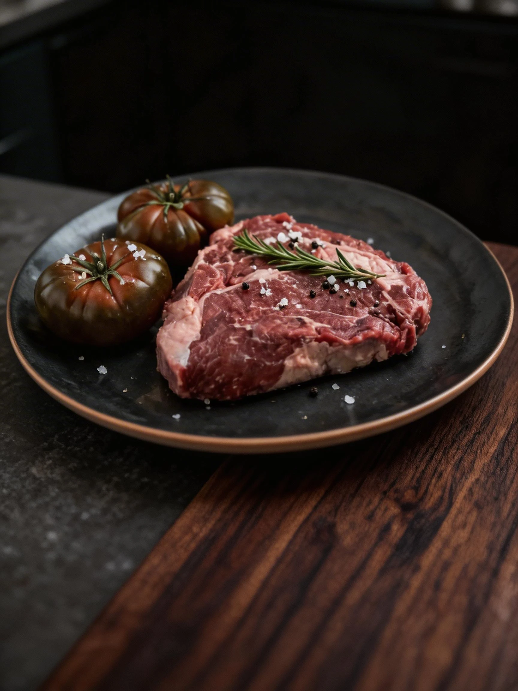 A thick cut of raw ribeye steak with visible marbling and fat cap, served with two whole heirloom tomatoes on a matte black plate.