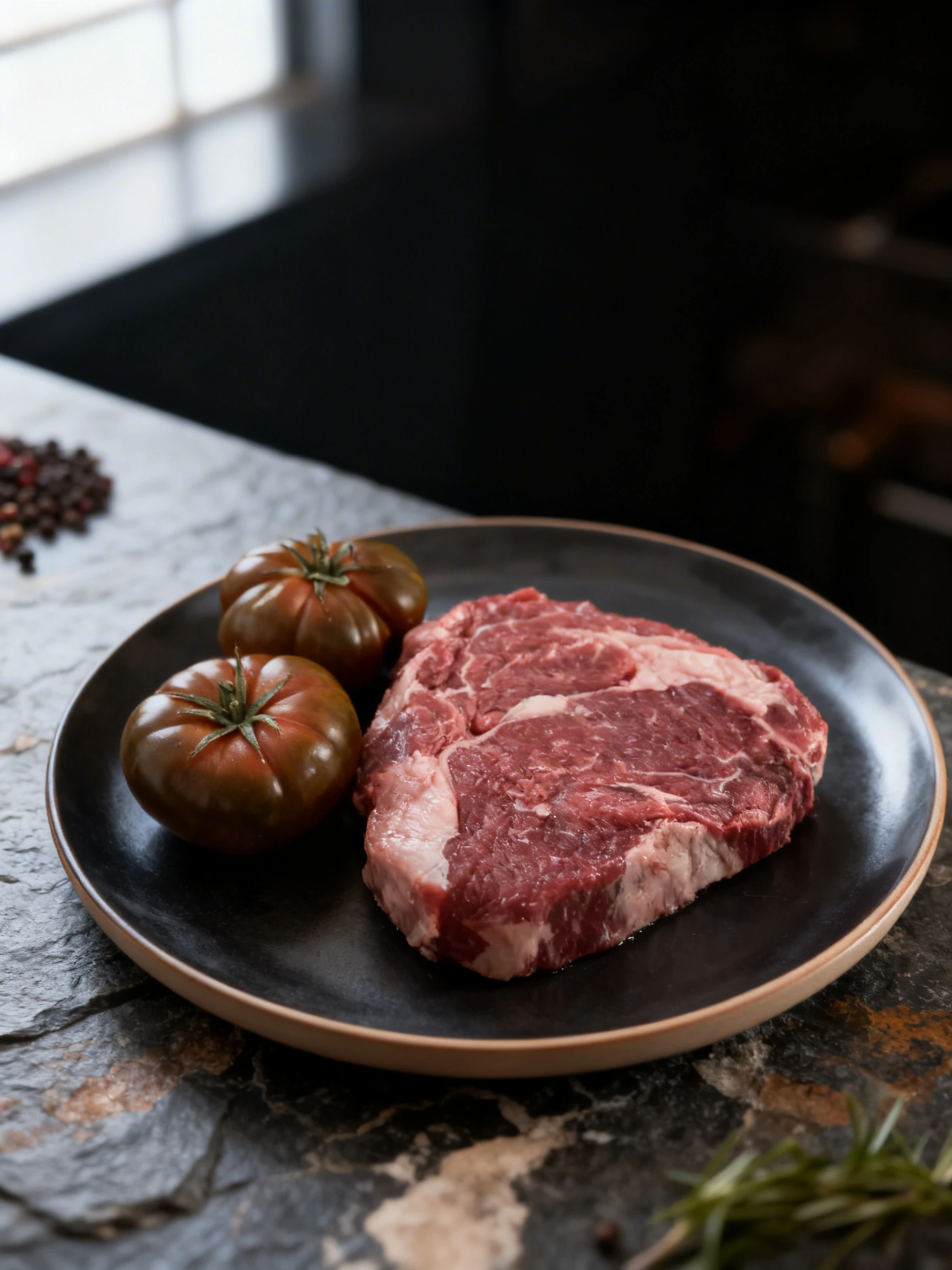 A thick cut of raw ribeye steak with visible white marbling and fat cap, served alongside two whole heirloom tomatoes on a dark matte plate.